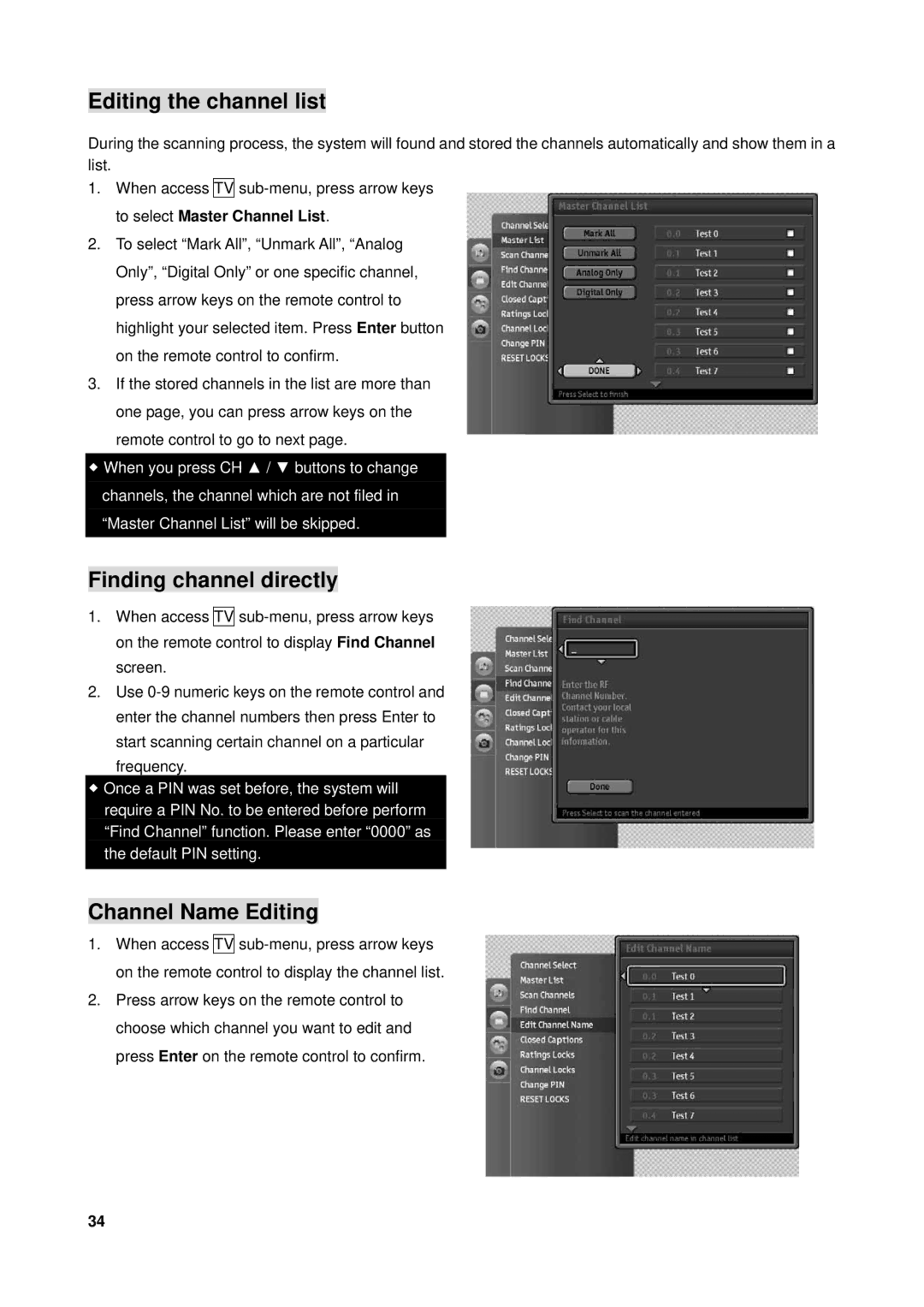 Westinghouse VK-40F580D user manual Editing the channel list, Finding channel directly, Channel Name Editing 