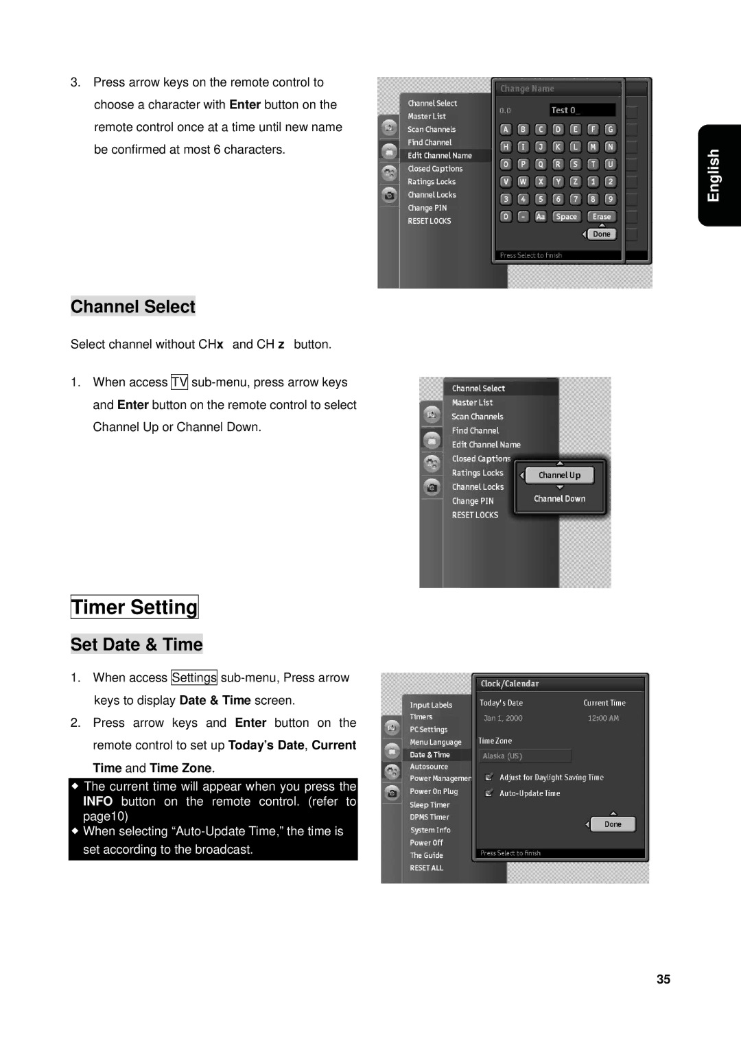 Westinghouse VK-40F580D user manual Timer Setting, Channel Select, Set Date & Time, Time and Time Zone 