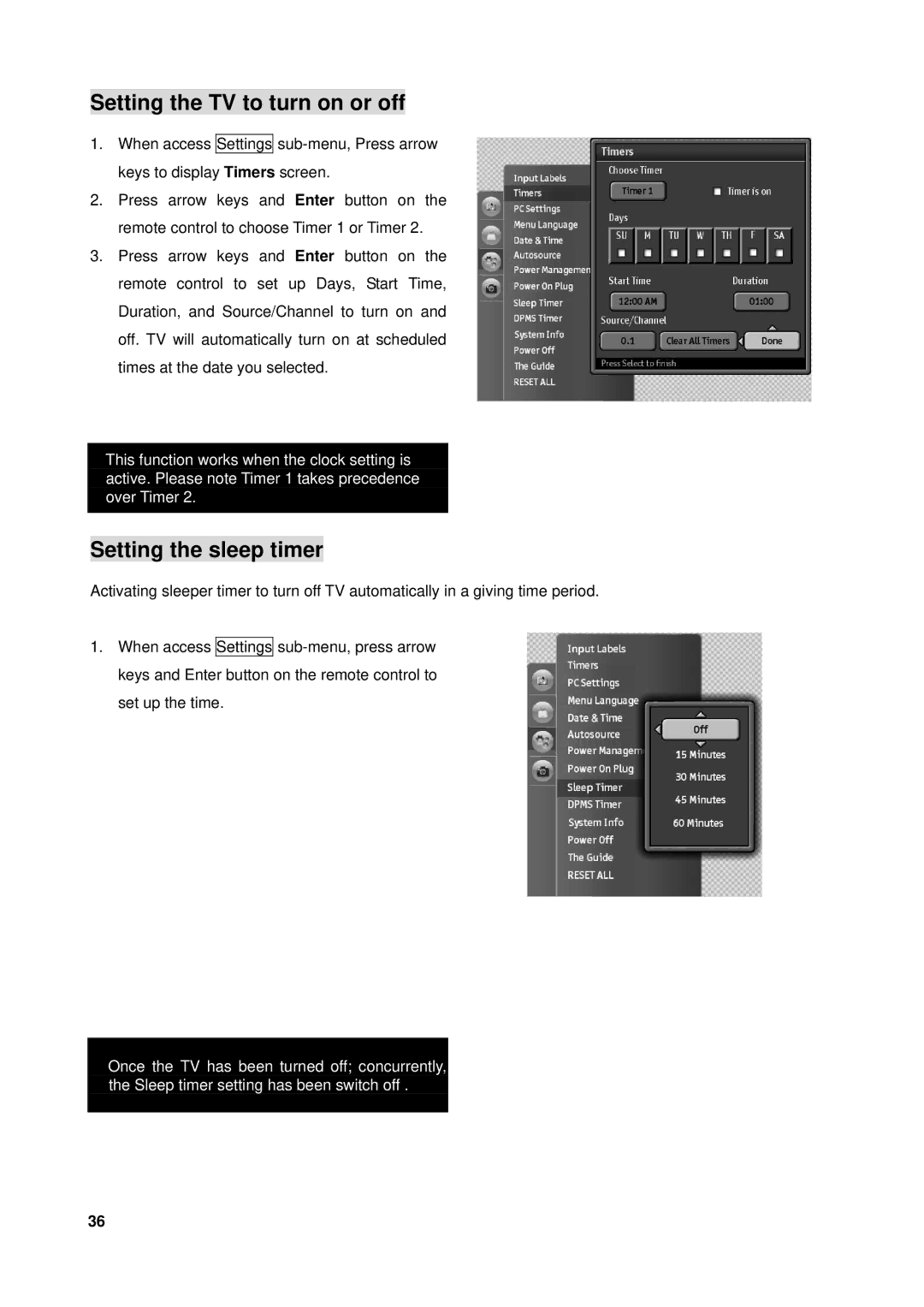 Westinghouse VK-40F580D user manual Setting the TV to turn on or off, Setting the sleep timer 