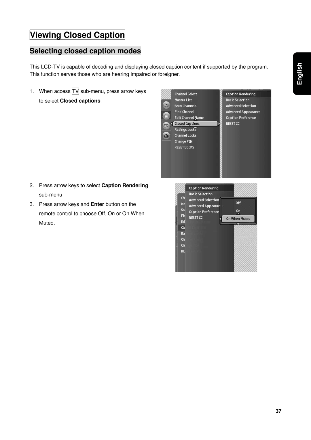 Westinghouse VK-40F580D user manual Viewing Closed Caption, Selecting closed caption modes 