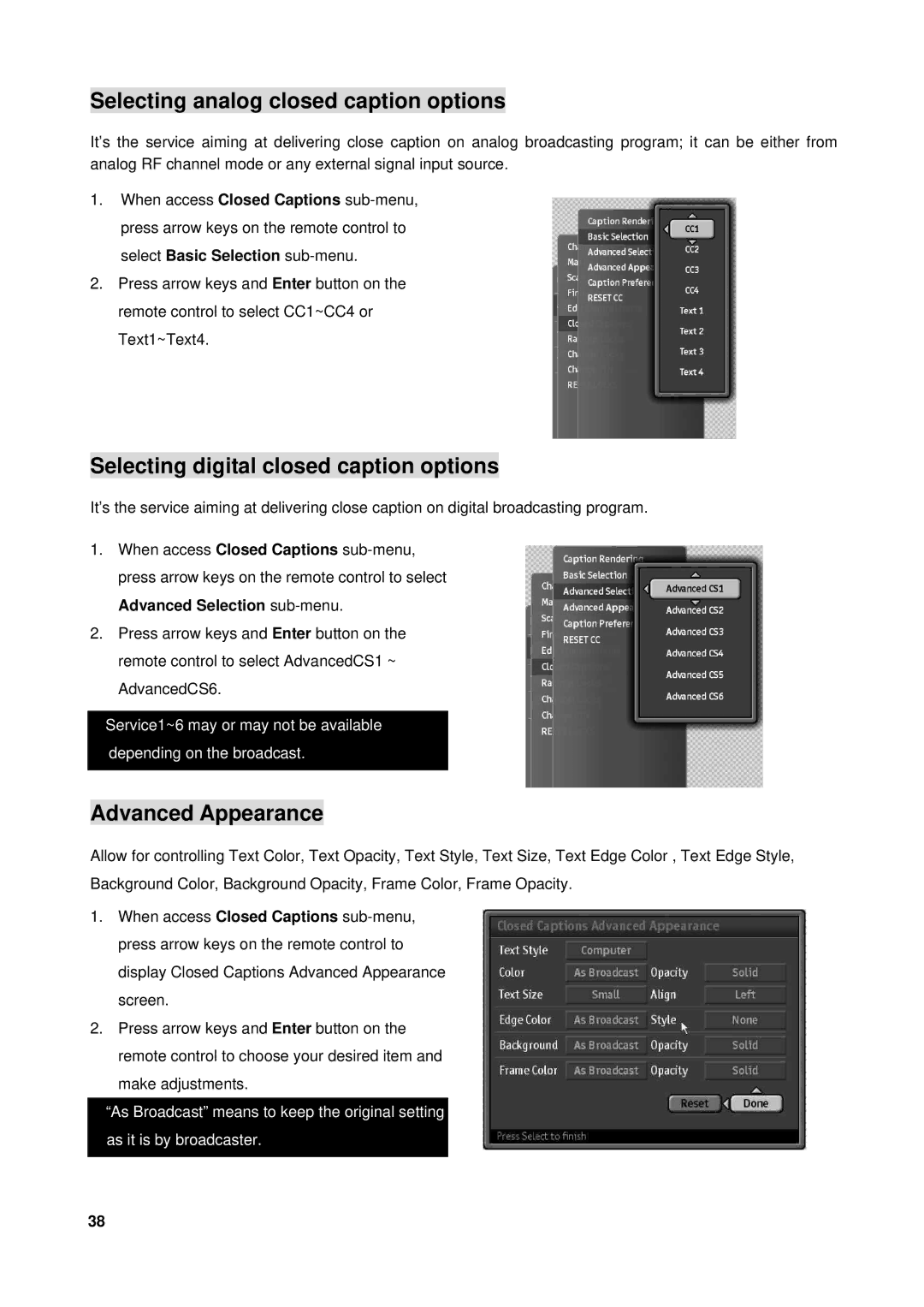 Westinghouse VK-40F580D user manual Selecting analog closed caption options, Selecting digital closed caption options 