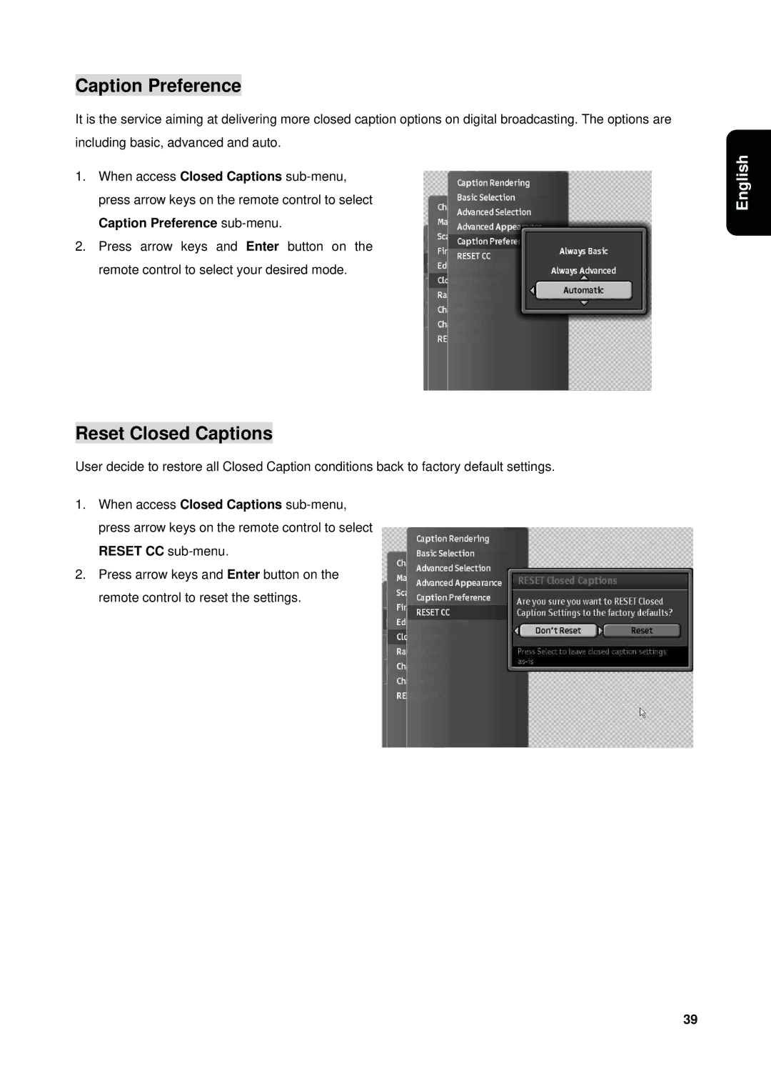 Westinghouse VK-40F580D user manual Caption Preference, Reset Closed Captions 