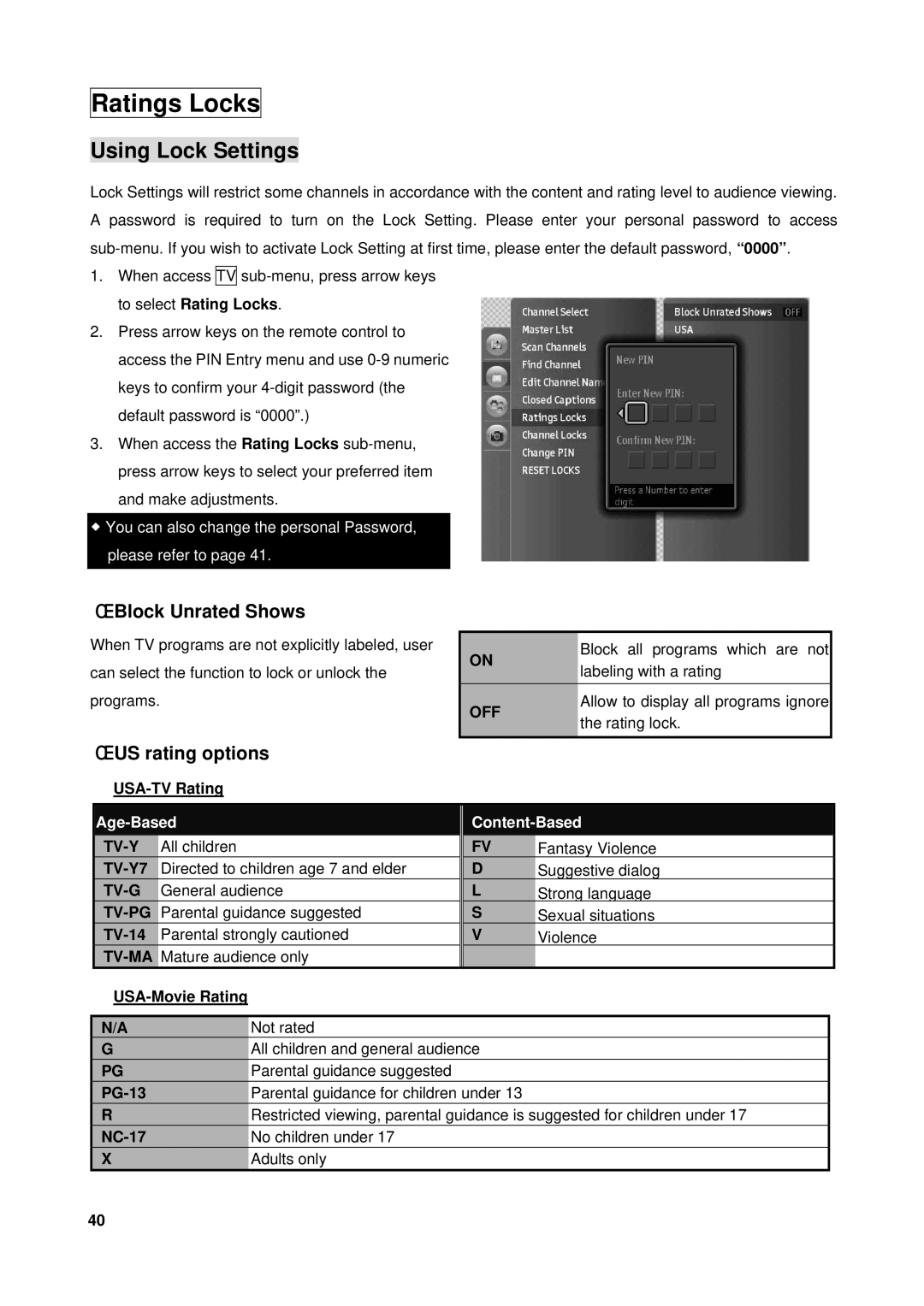 Westinghouse VK-40F580D user manual Ratings Locks, Using Lock Settings, Block Unrated Shows, US rating options 