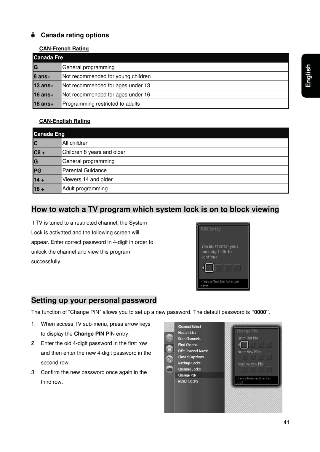 Westinghouse VK-40F580D user manual Setting up your personal password, Canada rating options 