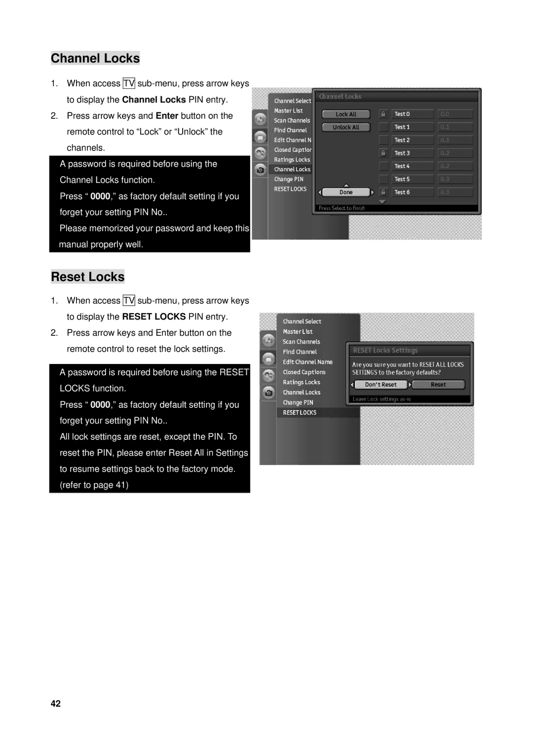 Westinghouse VK-40F580D user manual Channel Locks, Reset Locks 