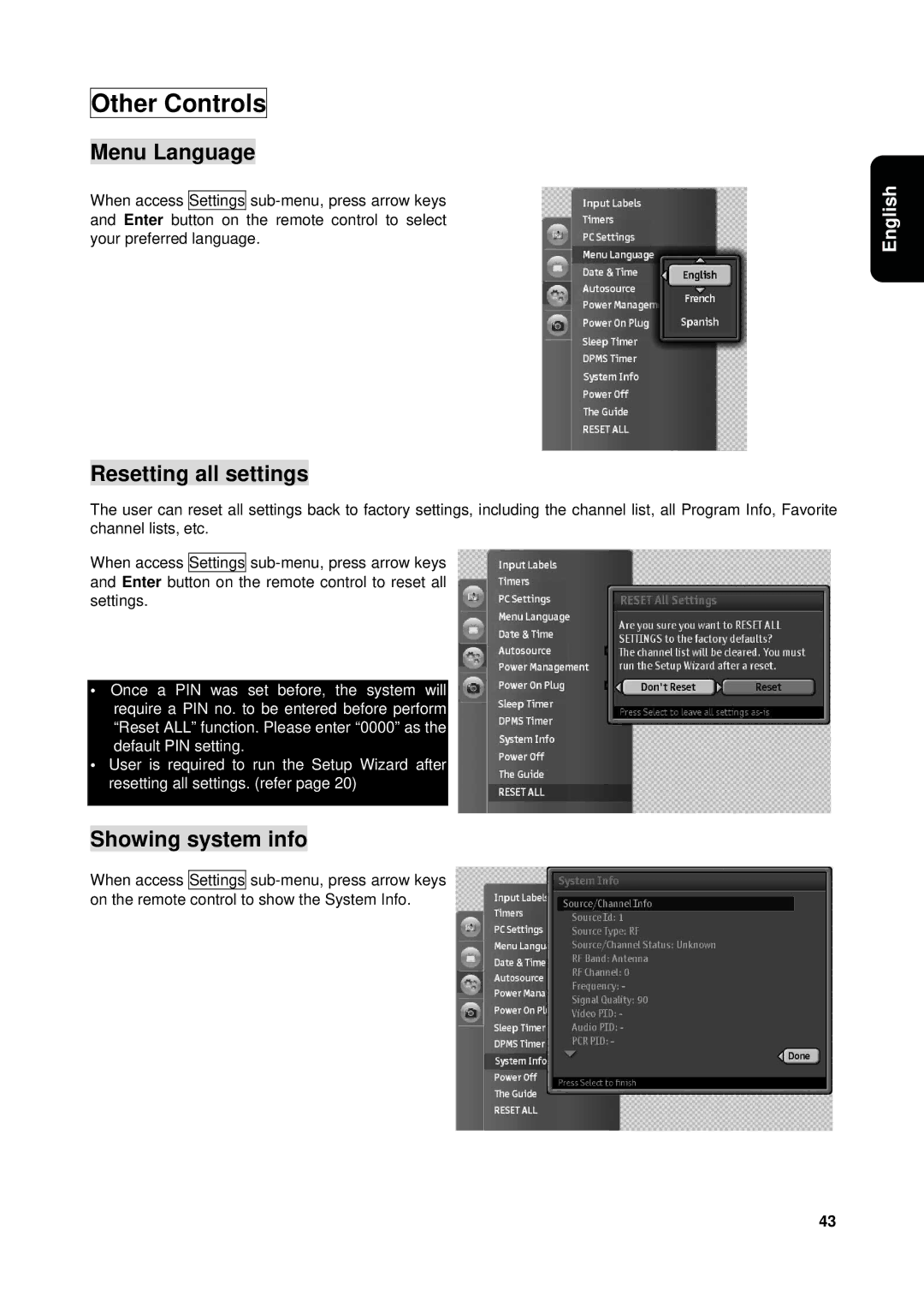 Westinghouse VK-40F580D user manual Other Controls, Menu Language, Resetting all settings, Showing system info 