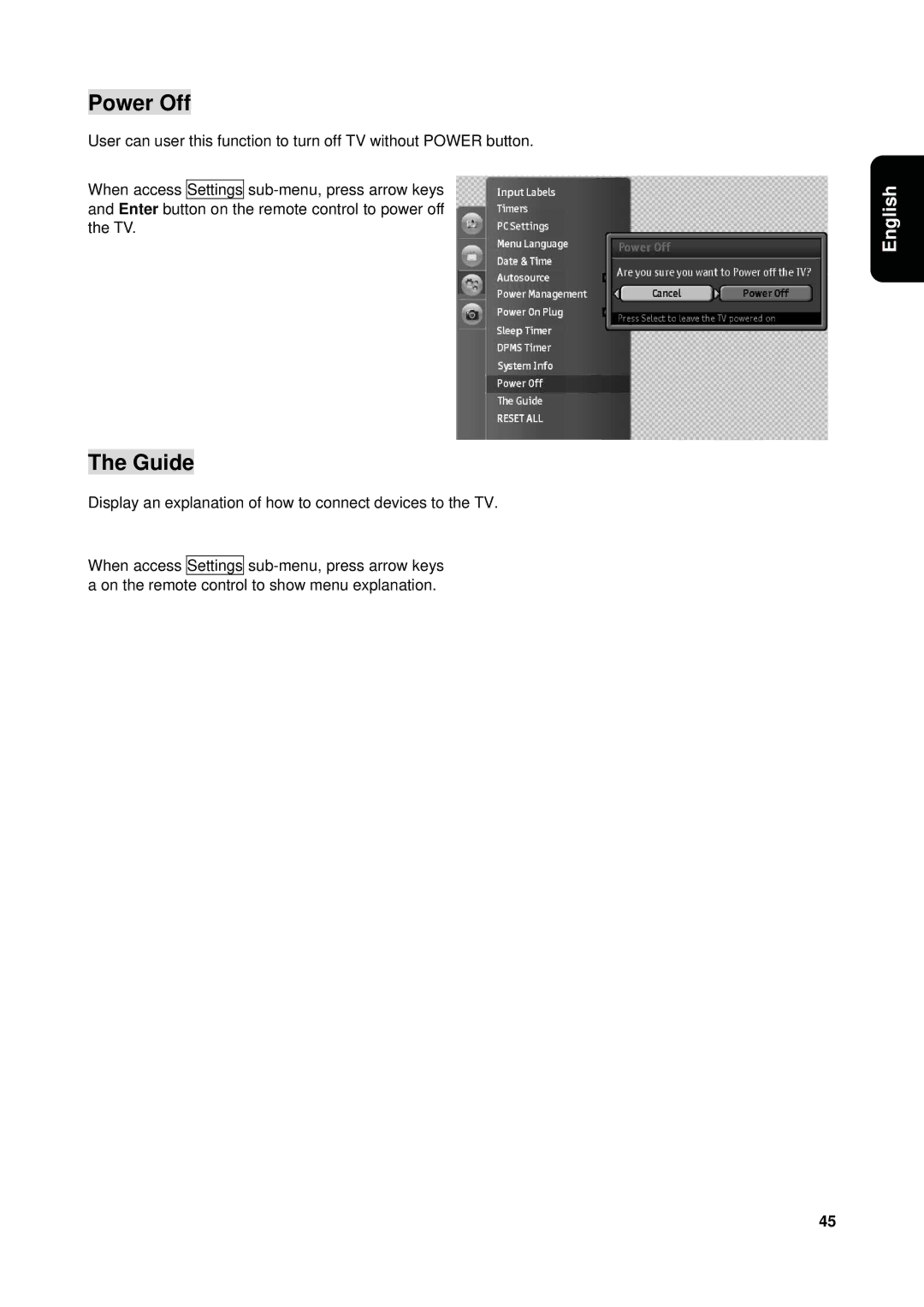 Westinghouse VK-40F580D user manual Power Off, Guide 