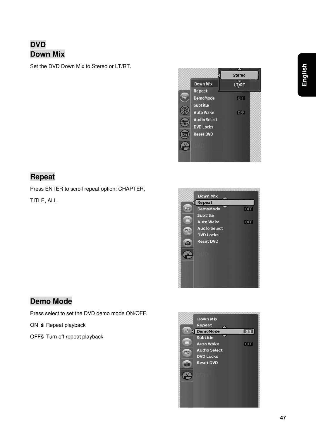 Westinghouse VK-40F580D user manual Down Mix, Repeat, Demo Mode 