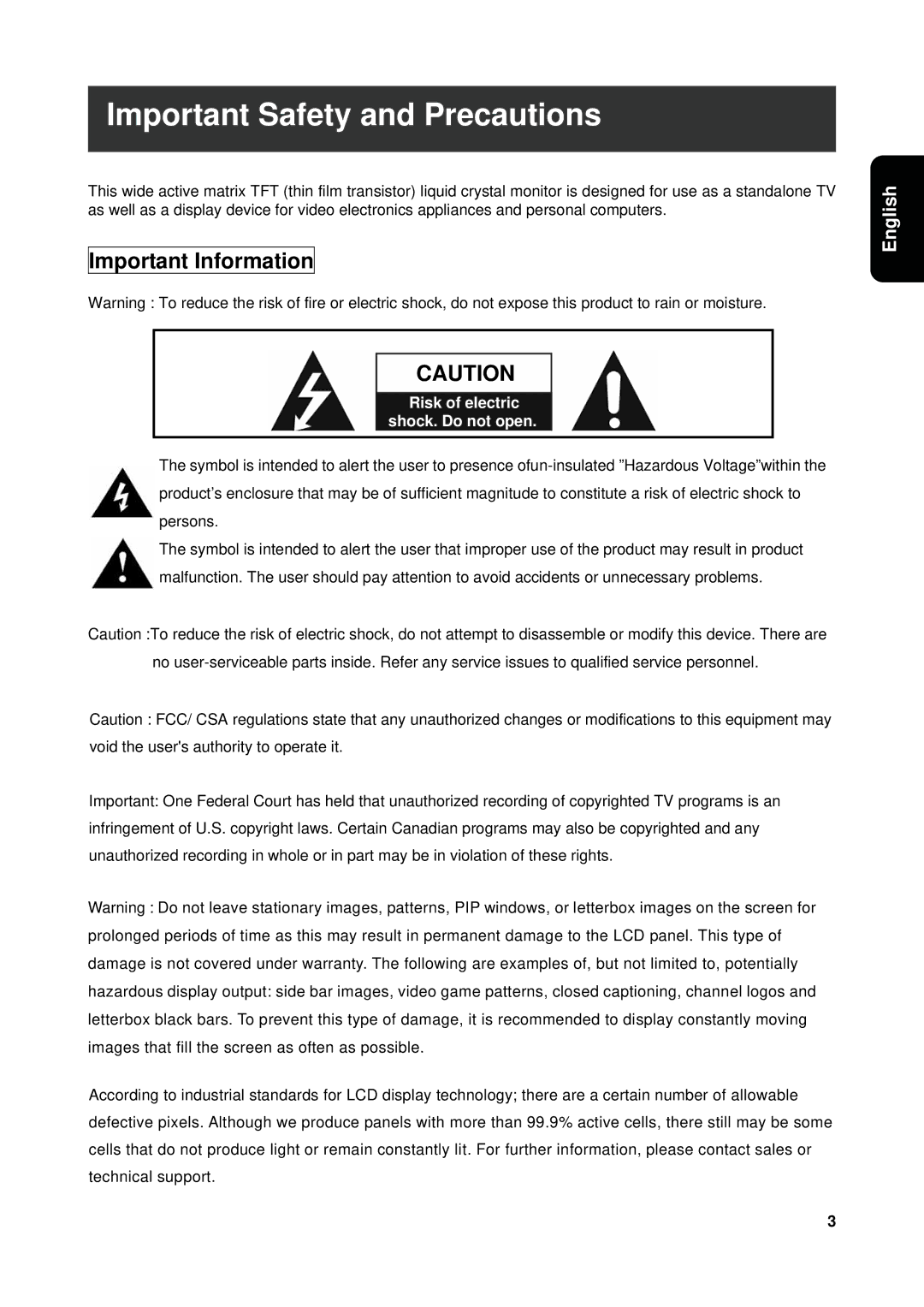 Westinghouse VK-40F580D user manual Important Safety and Precautions, Important Information 