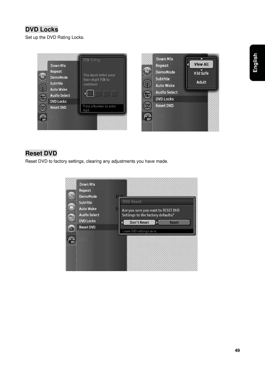 Westinghouse VK-40F580D user manual DVD Locks, Reset DVD 