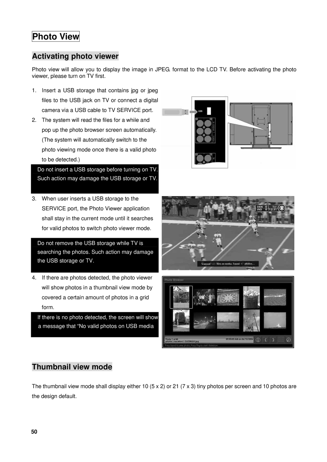 Westinghouse VK-40F580D user manual Photo View, Activating photo viewer, Thumbnail view mode 