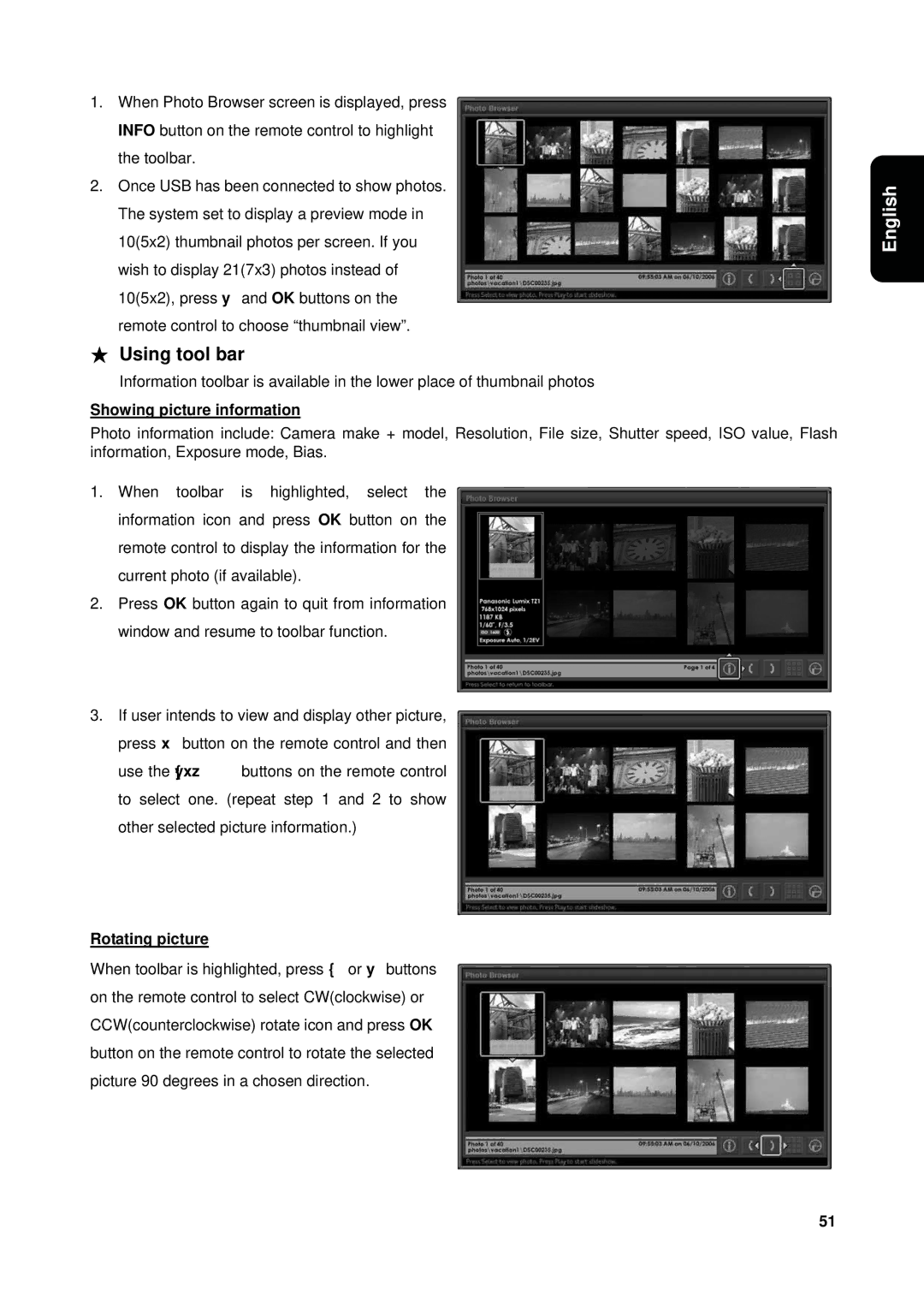 Westinghouse VK-40F580D user manual Using tool bar, Showing picture information, Rotating picture 