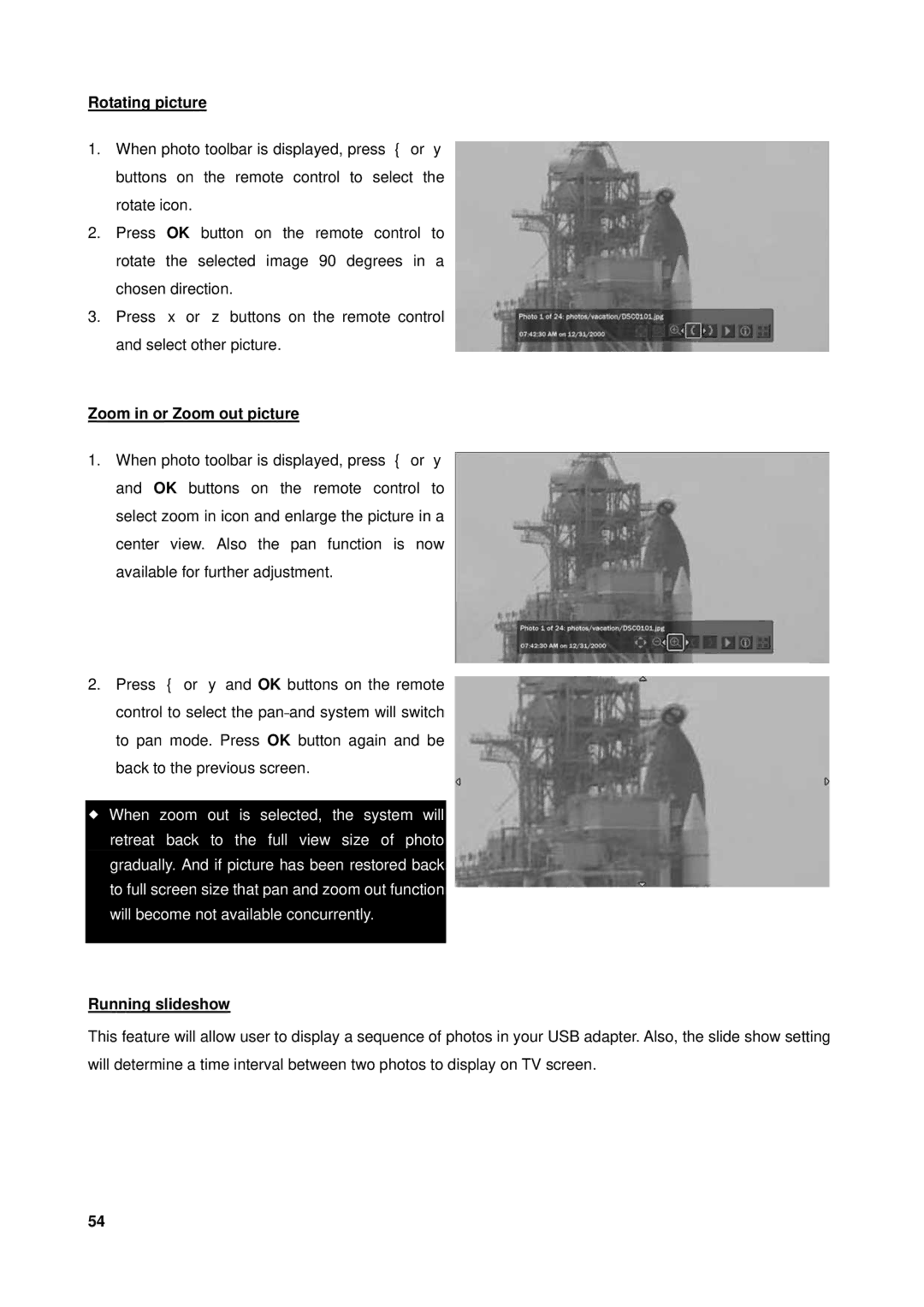 Westinghouse VK-40F580D user manual Zoom in or Zoom out picture, Running slideshow 