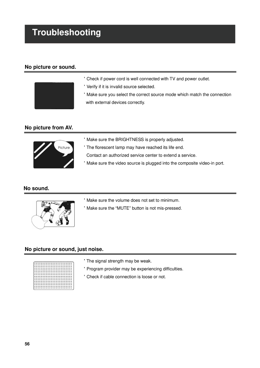 Westinghouse VK-40F580D user manual Troubleshooting, No picture or sound, No picture from AV, No sound 
