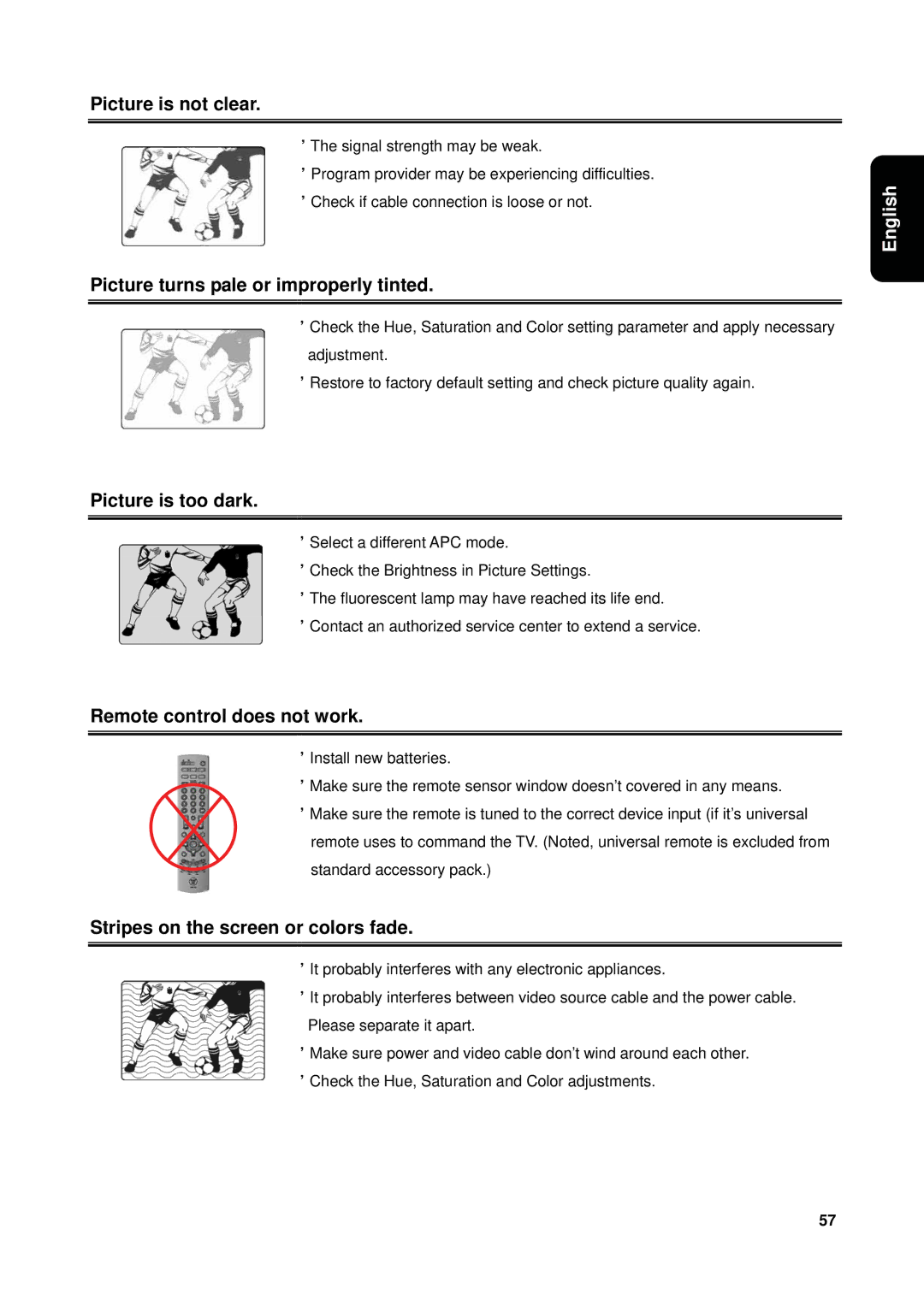 Westinghouse VK-40F580D user manual Picture is not clear, Picture turns pale or improperly tinted, Picture is too dark 