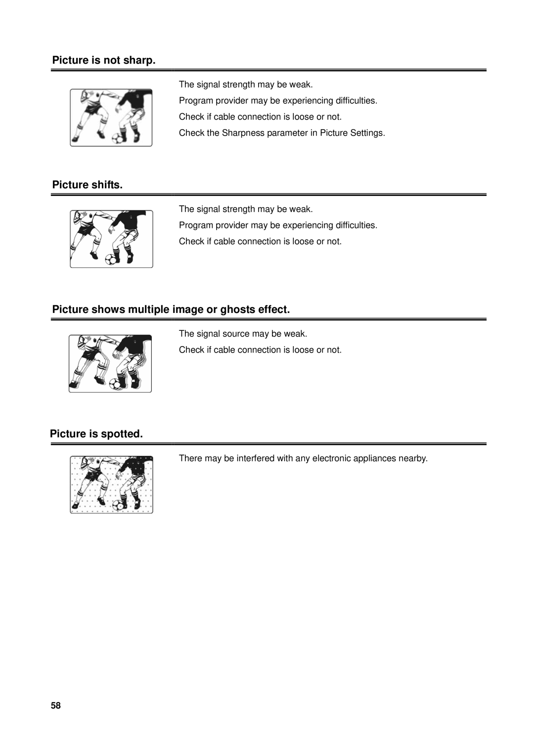 Westinghouse VK-40F580D user manual Picture is not sharp, Picture shifts, Picture shows multiple image or ghosts effect 