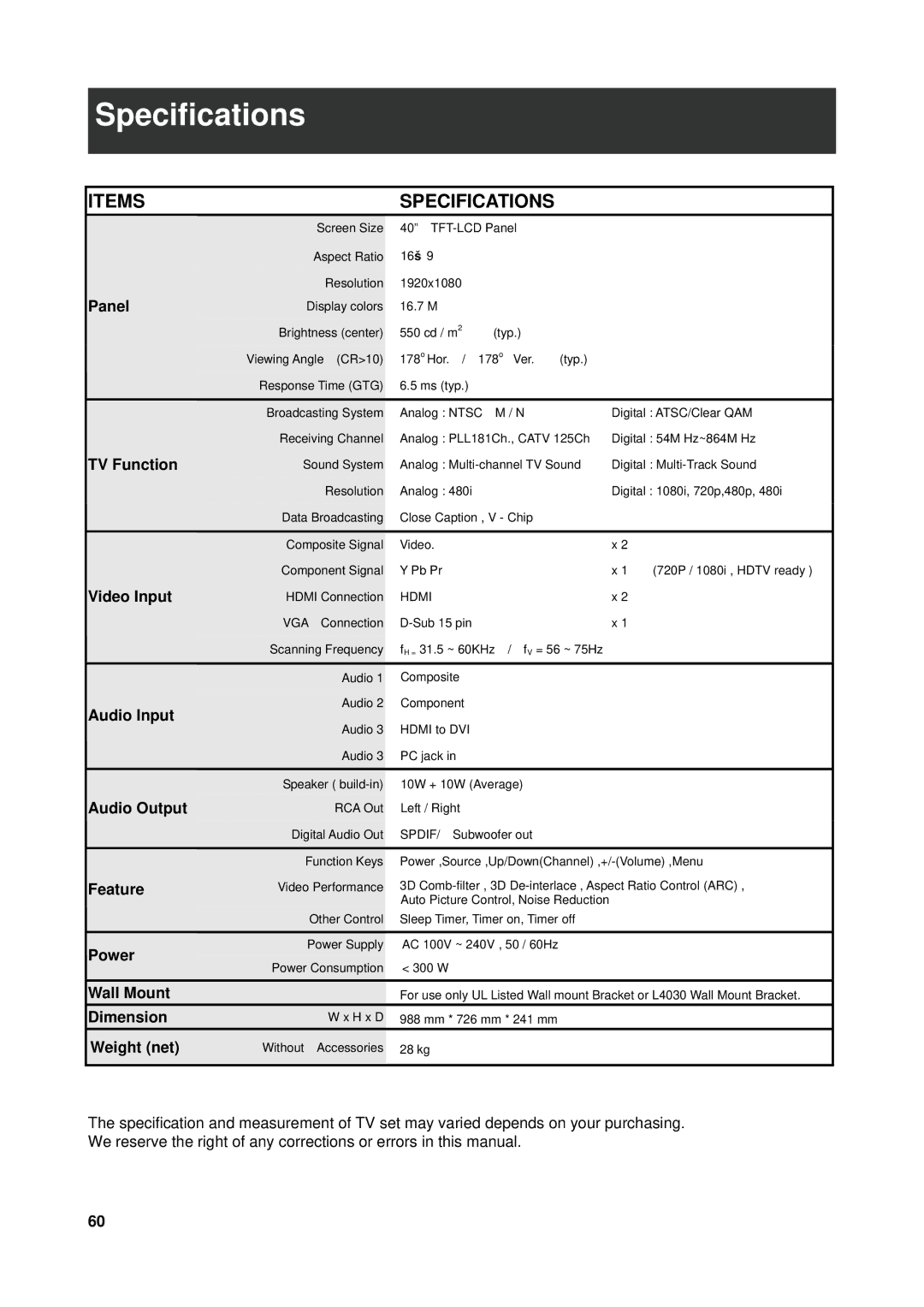 Westinghouse VK-40F580D user manual Specifications 