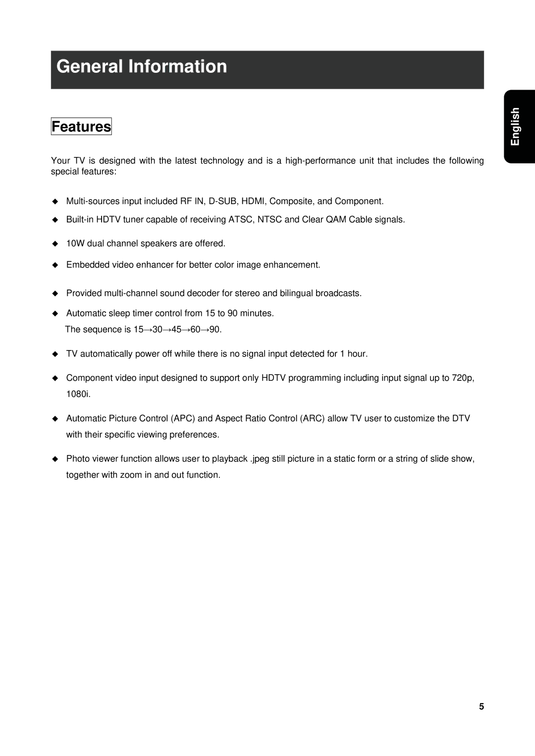 Westinghouse VK-40F580D user manual General Information, Features 