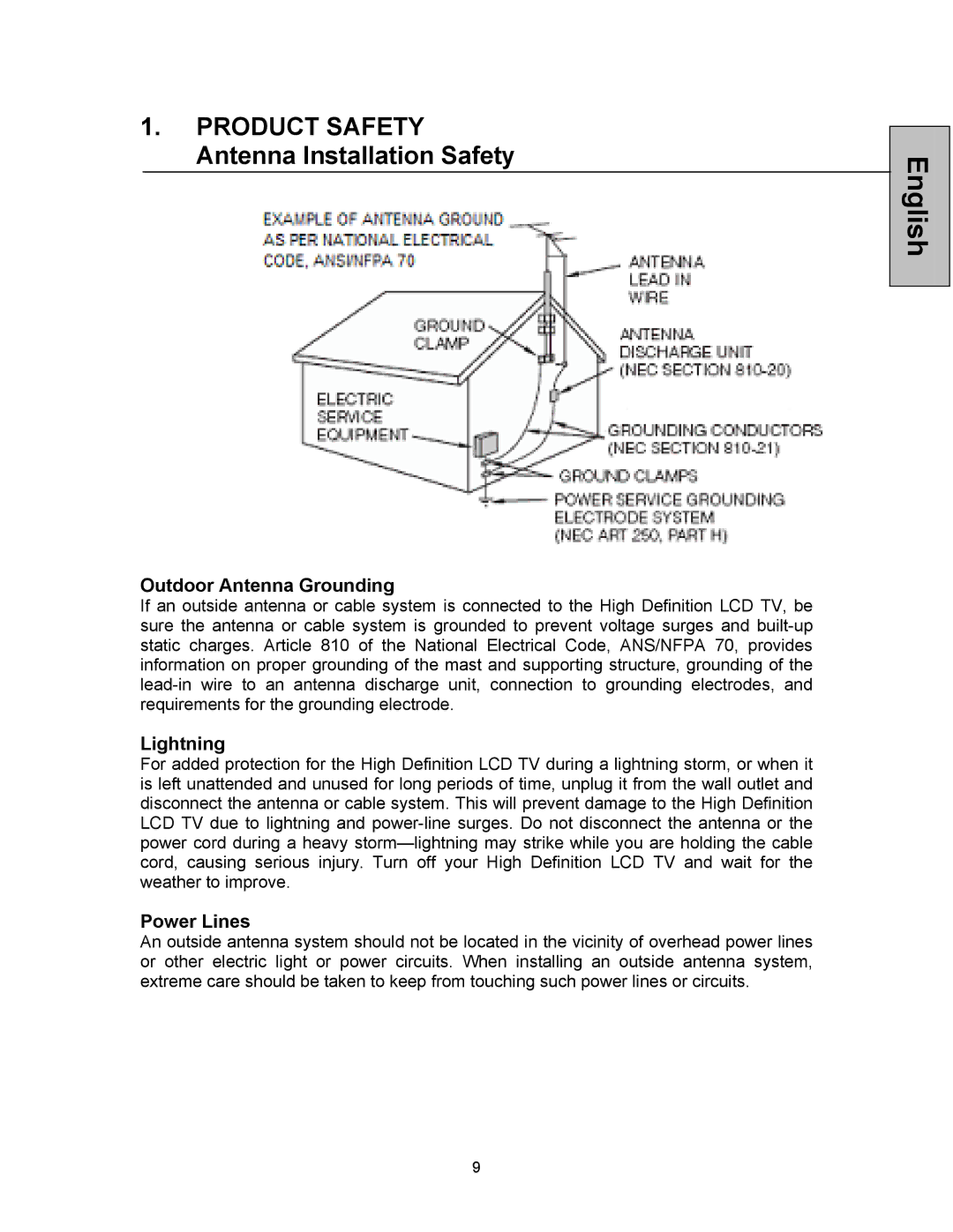 Westinghouse VK-42F240S Product Safety Antenna Installation Safety, Outdoor Antenna Grounding, Lightning, Power Lines 