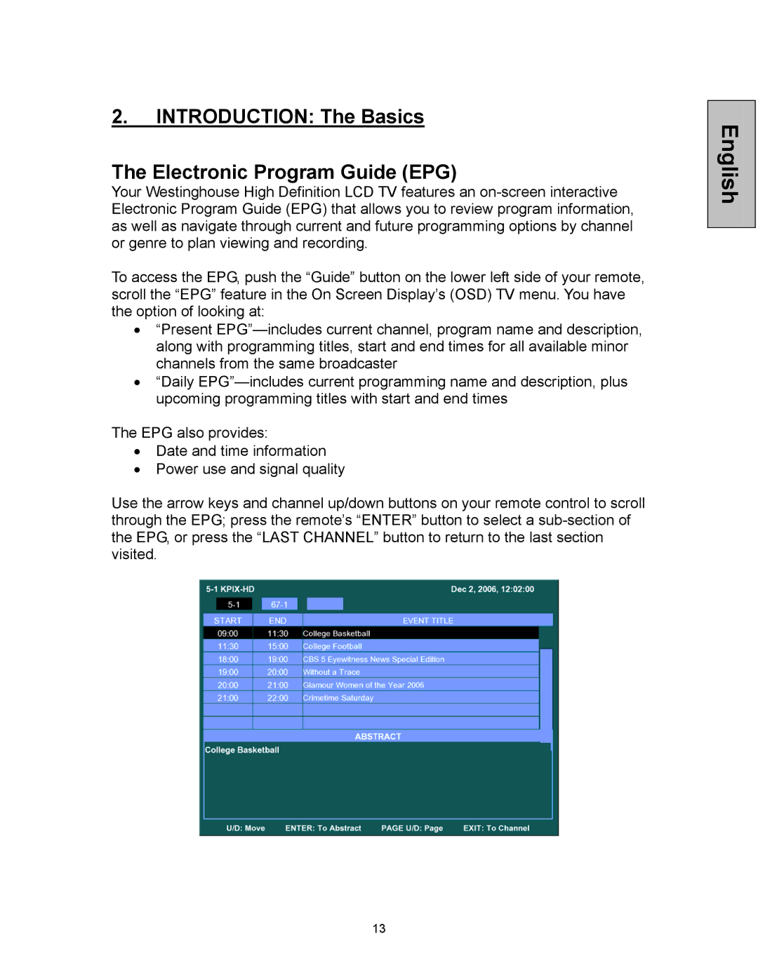 Westinghouse VK-42F240S manual Introduction The Basics Electronic Program Guide EPG 