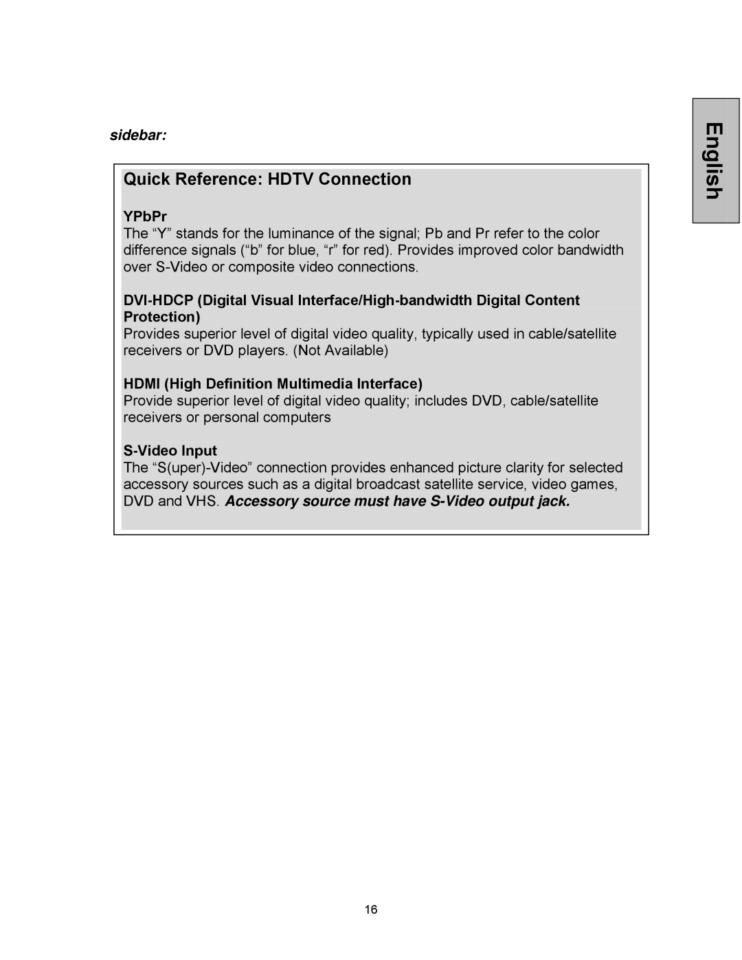 Westinghouse VK-42F240S Quick Reference Hdtv Connection, YPbPr, Hdmi High Definition Multimedia Interface, Video Input 