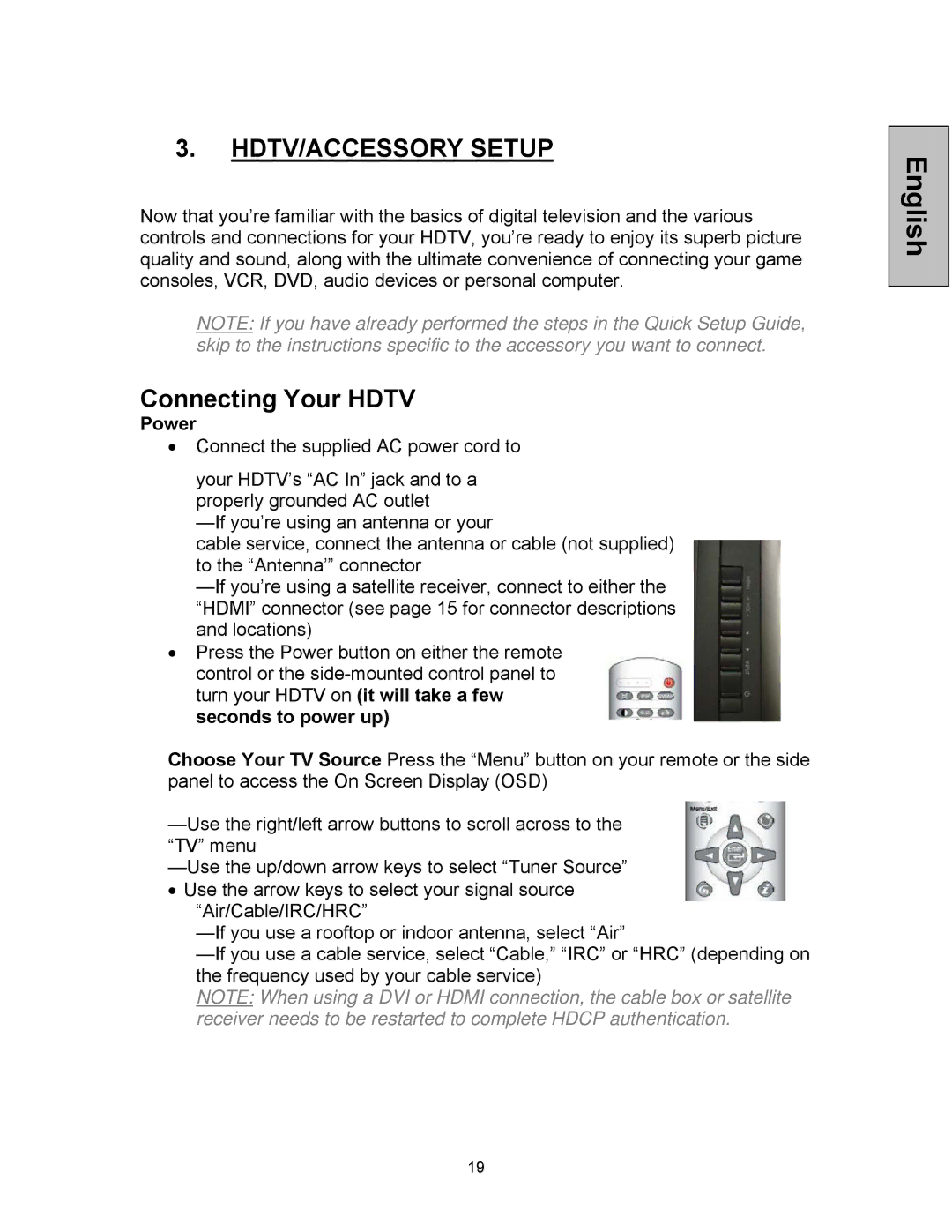 Westinghouse VK-42F240S manual HDTV/ACCESSORY Setup, Connecting Your Hdtv, Power 