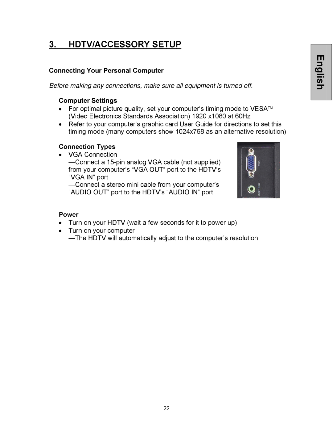 Westinghouse VK-42F240S manual Connecting Your Personal Computer, Computer Settings, Connection Types 