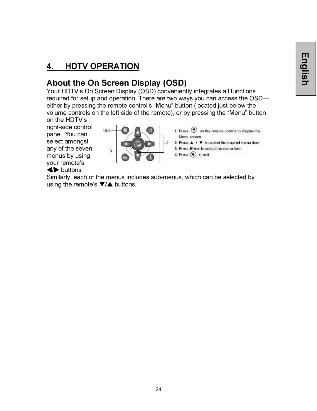 Westinghouse VK-42F240S manual Hdtv Operation, About the On Screen Display OSD 