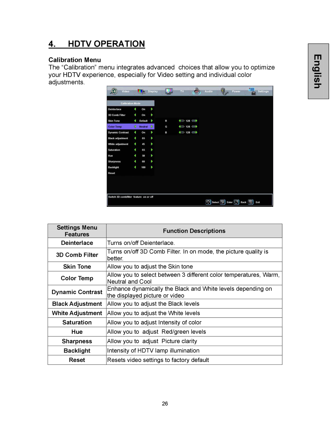 Westinghouse VK-42F240S manual Calibration Menu 