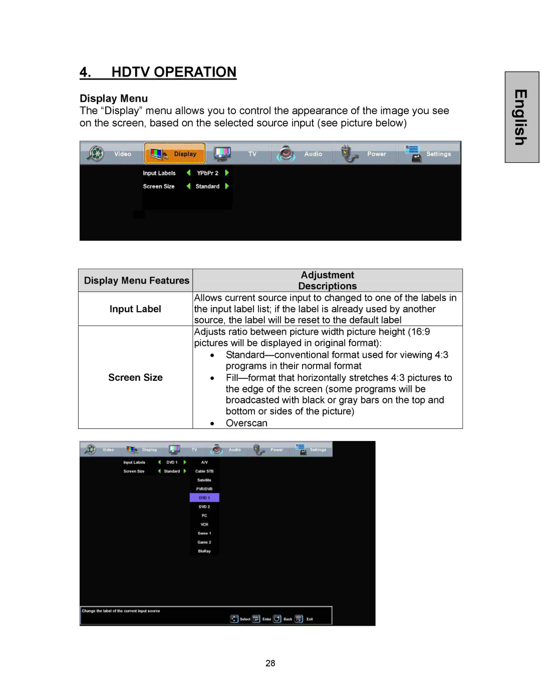 Westinghouse VK-42F240S manual Display Menu Features Adjustment Descriptions, Input Label 