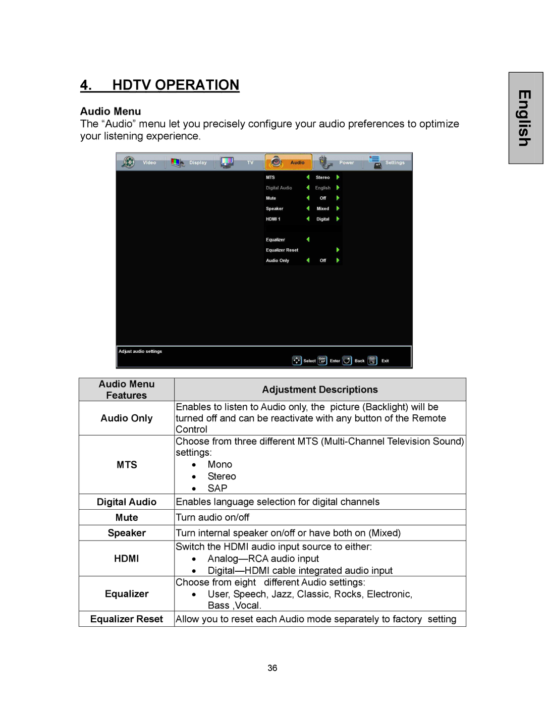 Westinghouse VK-42F240S manual Audio Menu Adjustment Descriptions, Audio Only, Digital Audio 