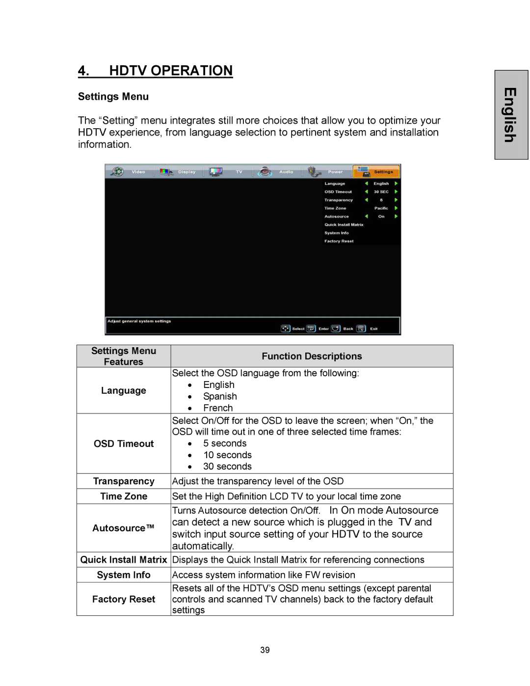 Westinghouse VK-42F240S manual Settings Menu, Autosource, System Info 