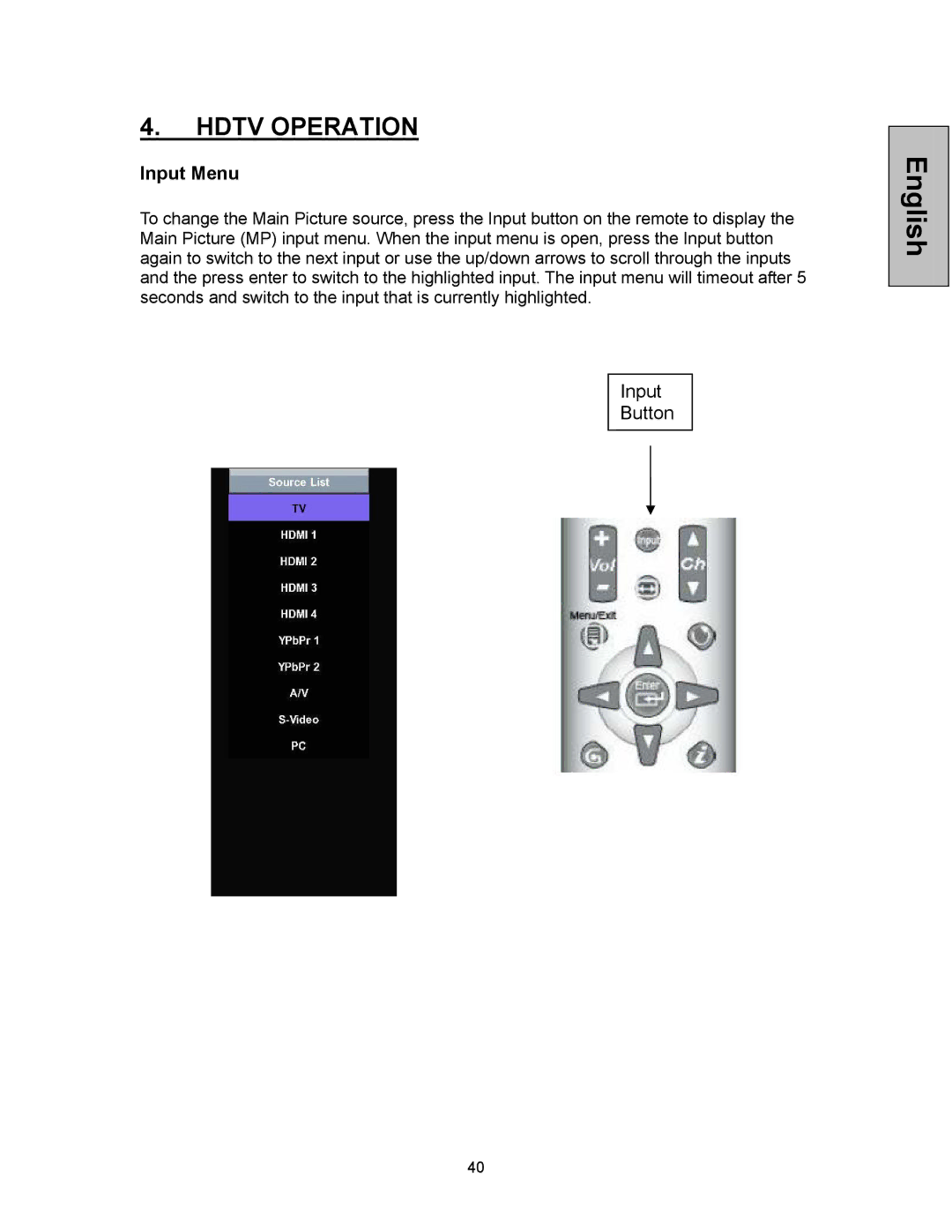 Westinghouse VK-42F240S manual Input Menu 