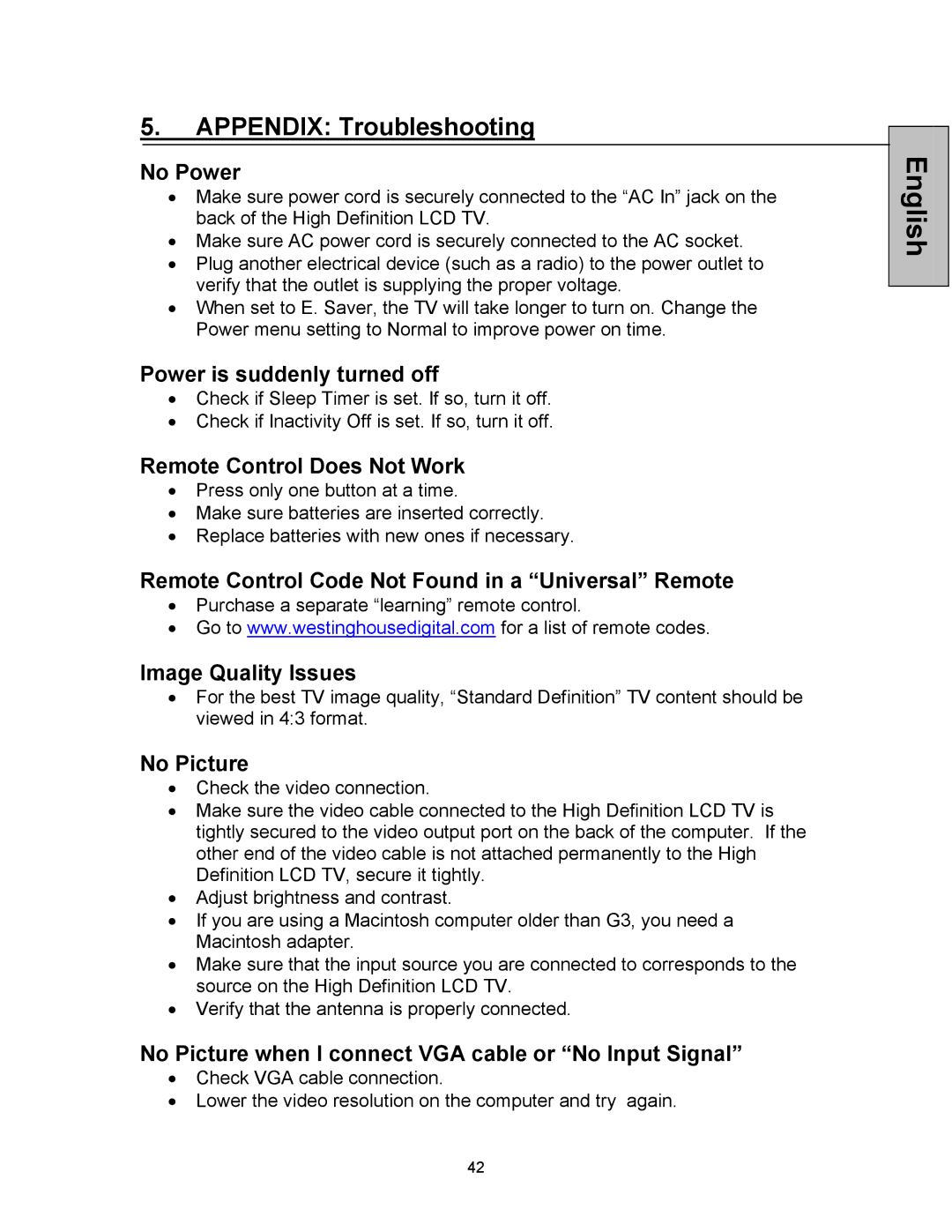 Westinghouse VK-42F240S manual Appendix Troubleshooting 