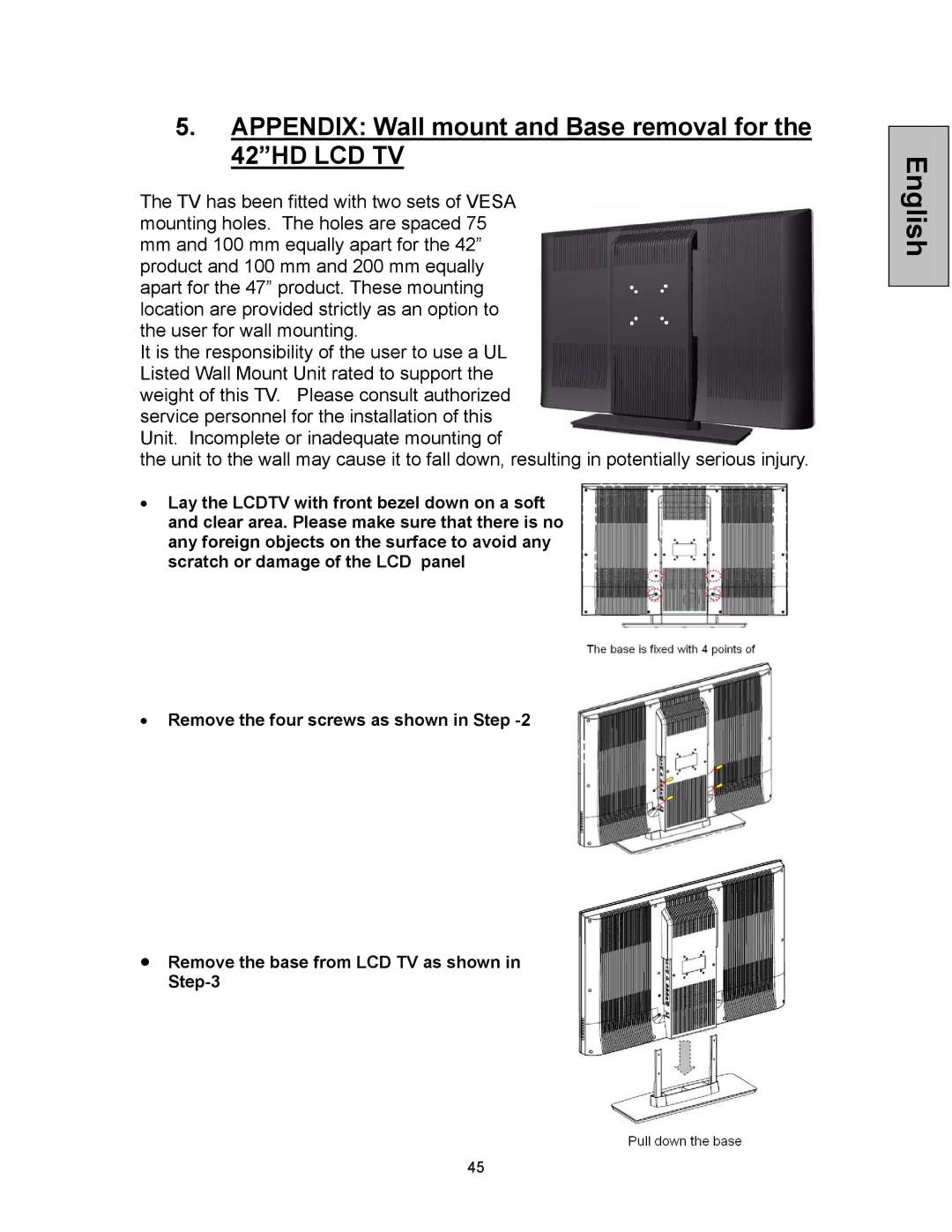 Westinghouse VK-42F240S manual Appendix Wall mount and Base removal for the 42HD LCD TV 