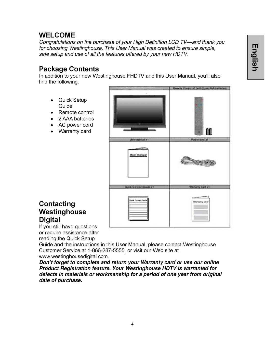 Westinghouse VK-42F240S manual Welcome, Package Contents, Contacting Westinghouse Digital 