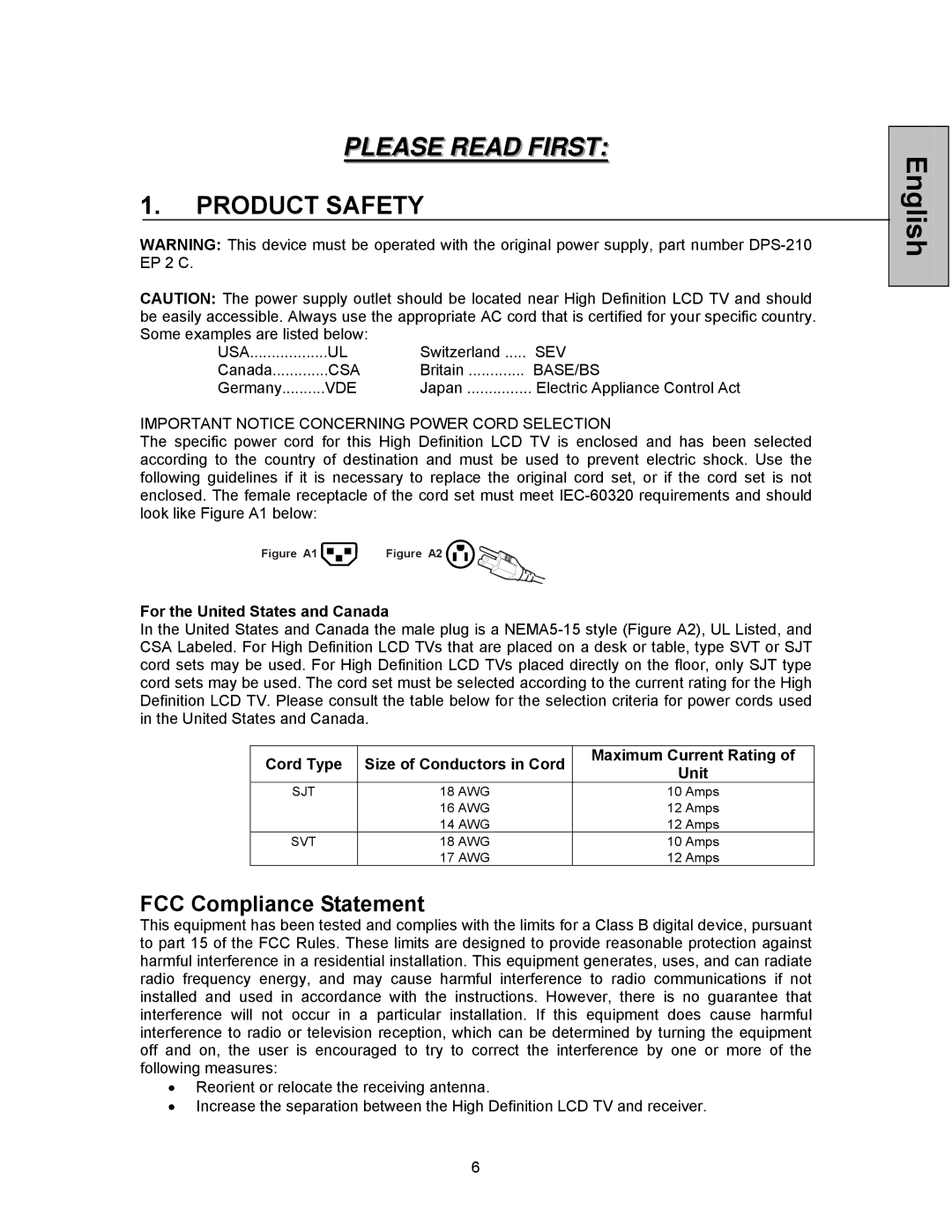 Westinghouse VK-42F240S manual Product Safety, FCC Compliance Statement 