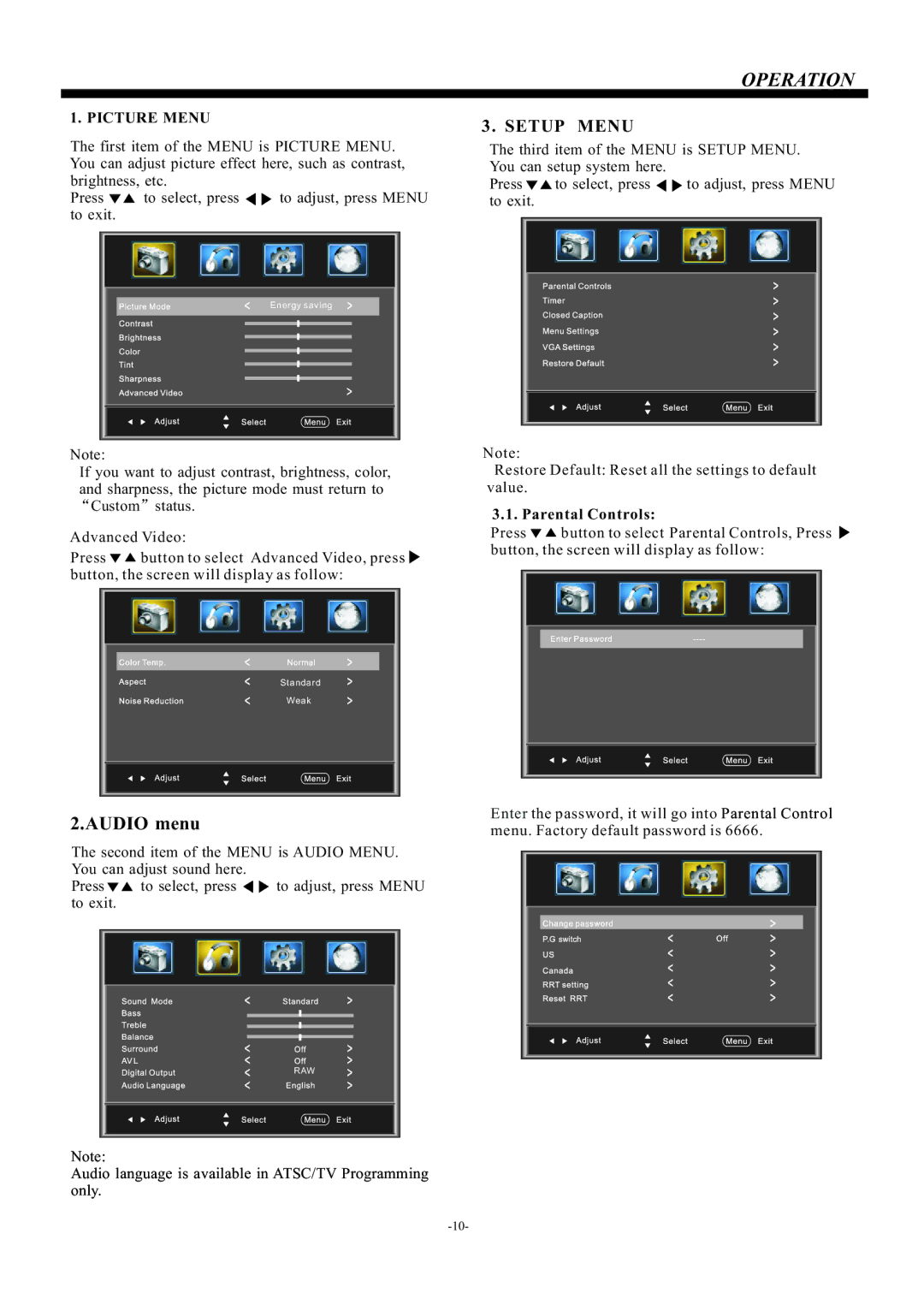 Westinghouse vr-2418 manual Operation, Parental Controls 