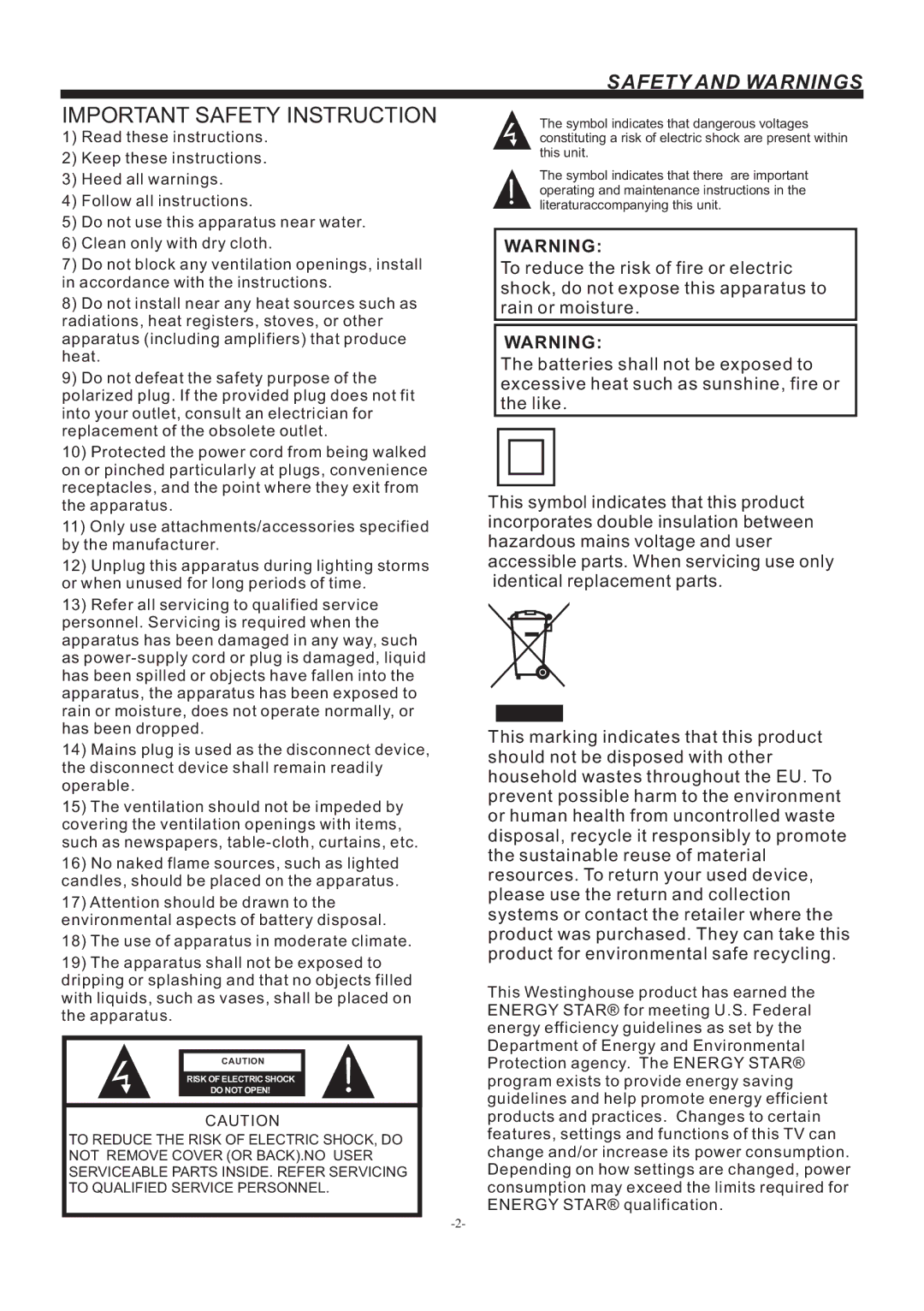 Westinghouse vr-2418 manual Important Safety Instruction, Safety and Warnings 