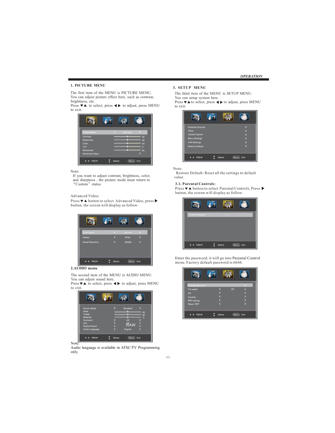 Westinghouse VR-3215 manual Audio menu, Parental Controls 