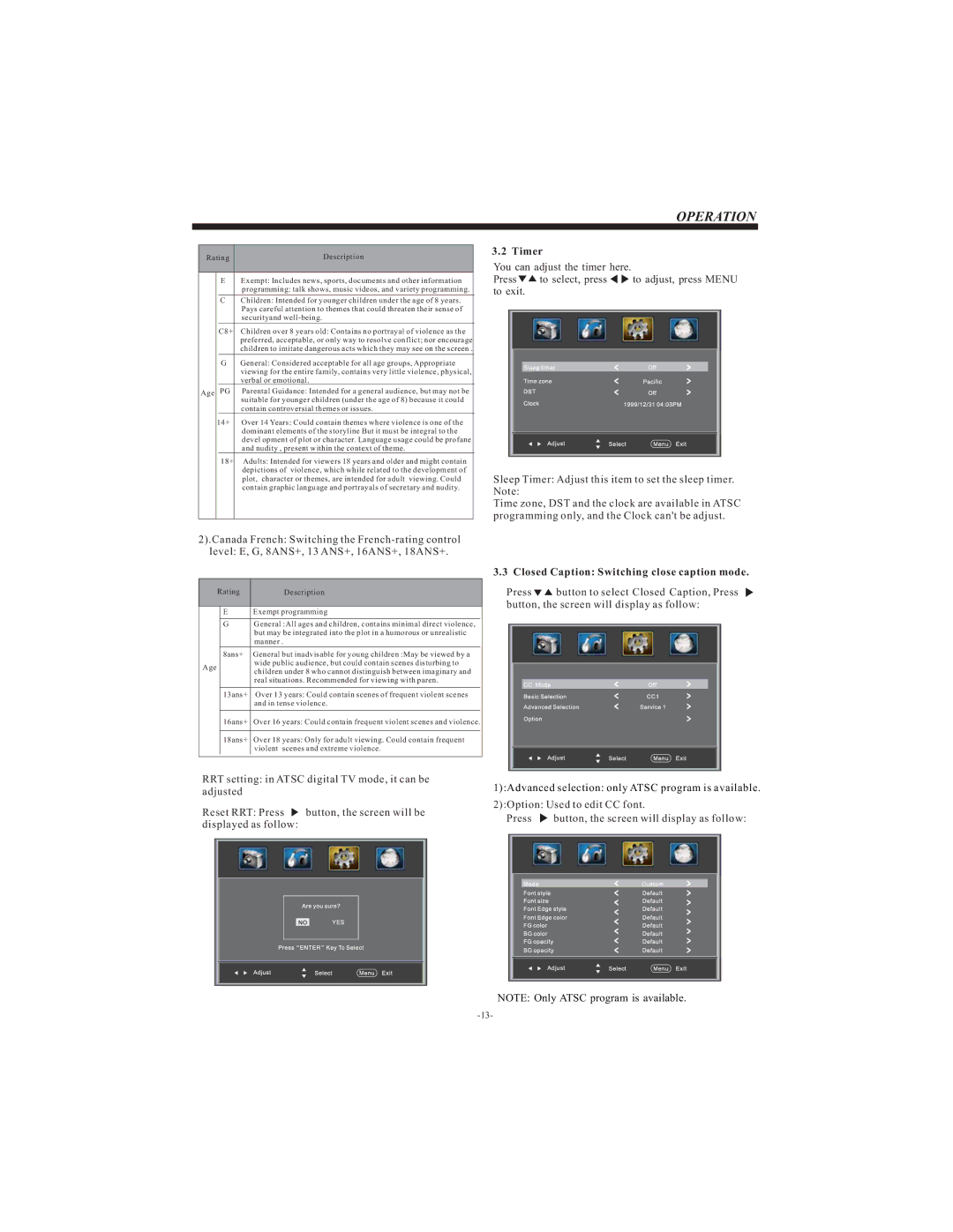 Westinghouse VR-3215 manual Timer, Closed Caption Switching close caption mode 