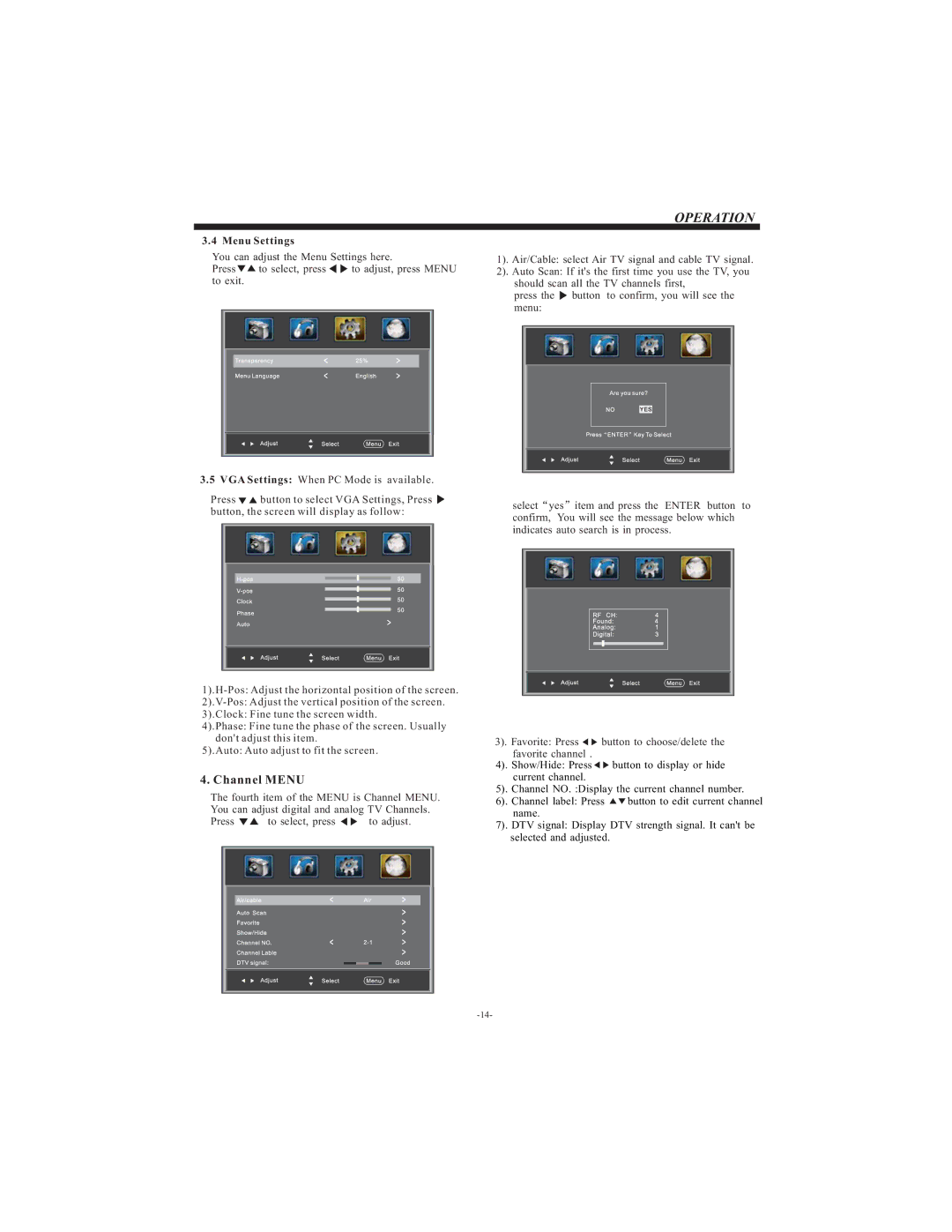 Westinghouse VR-3215 manual Channel Menu, Menu Settings 