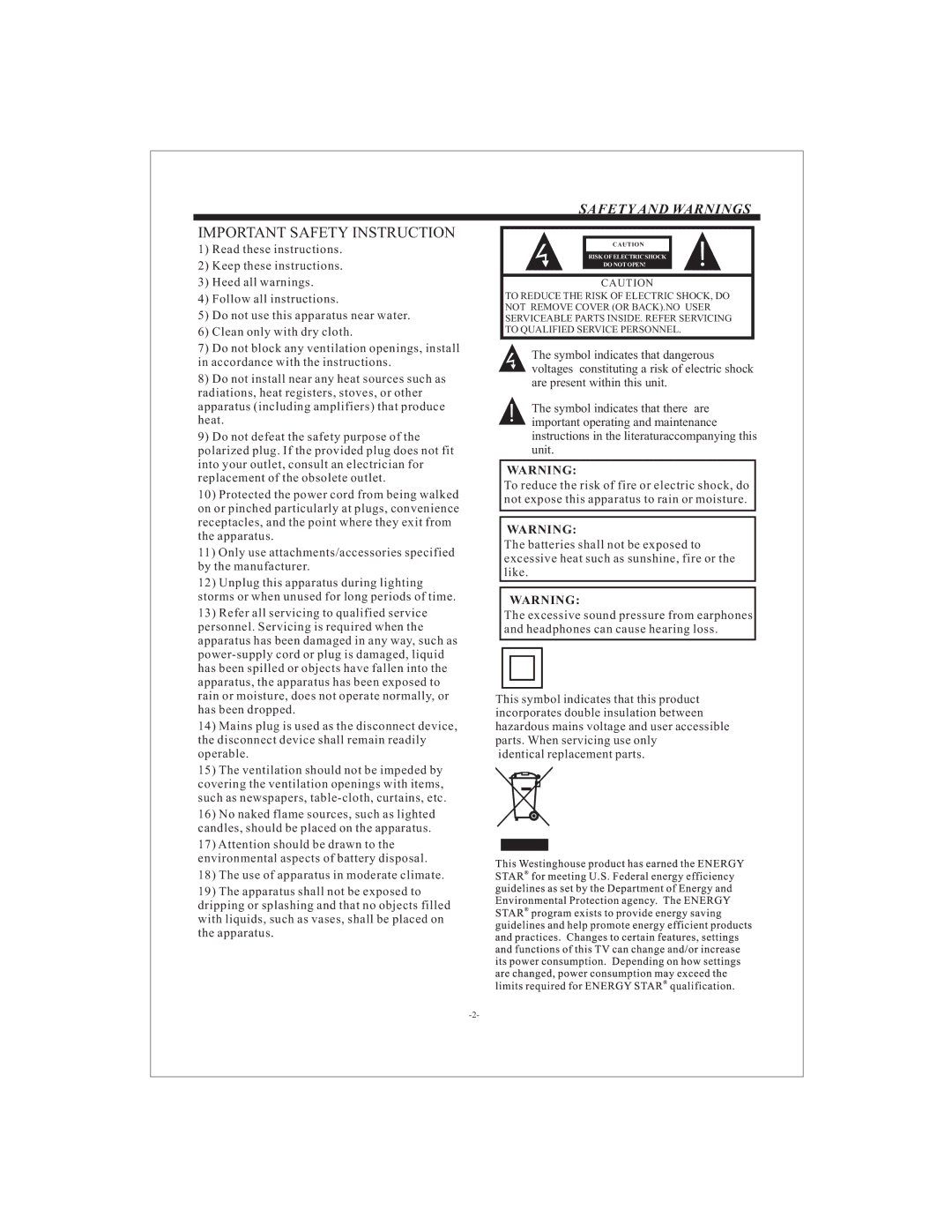 Westinghouse VR-3215 manual Important Safety Instruction 