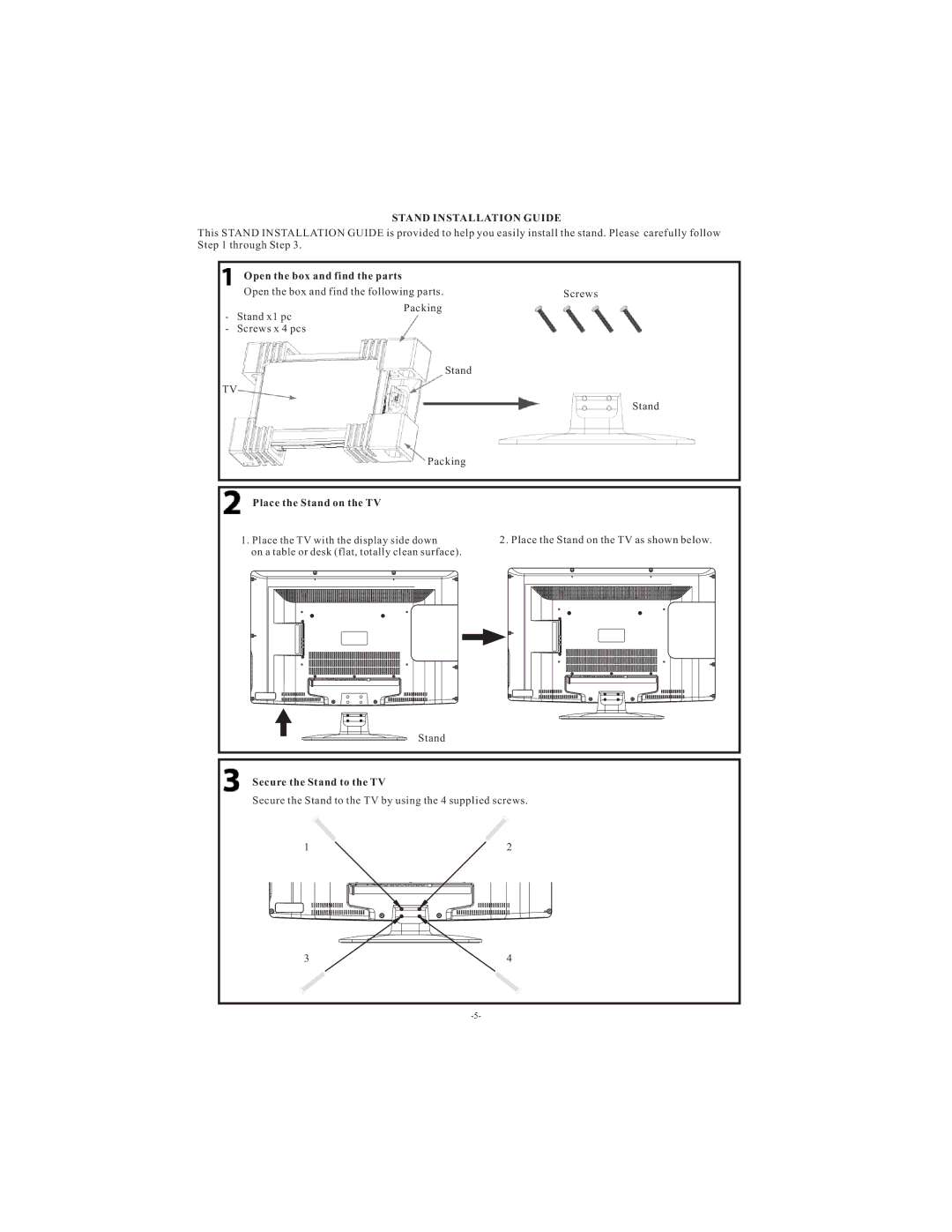 Westinghouse VR-3215 manual Open the box and find the parts, Place the Stand on the TV, Secure the Stand to the TV 