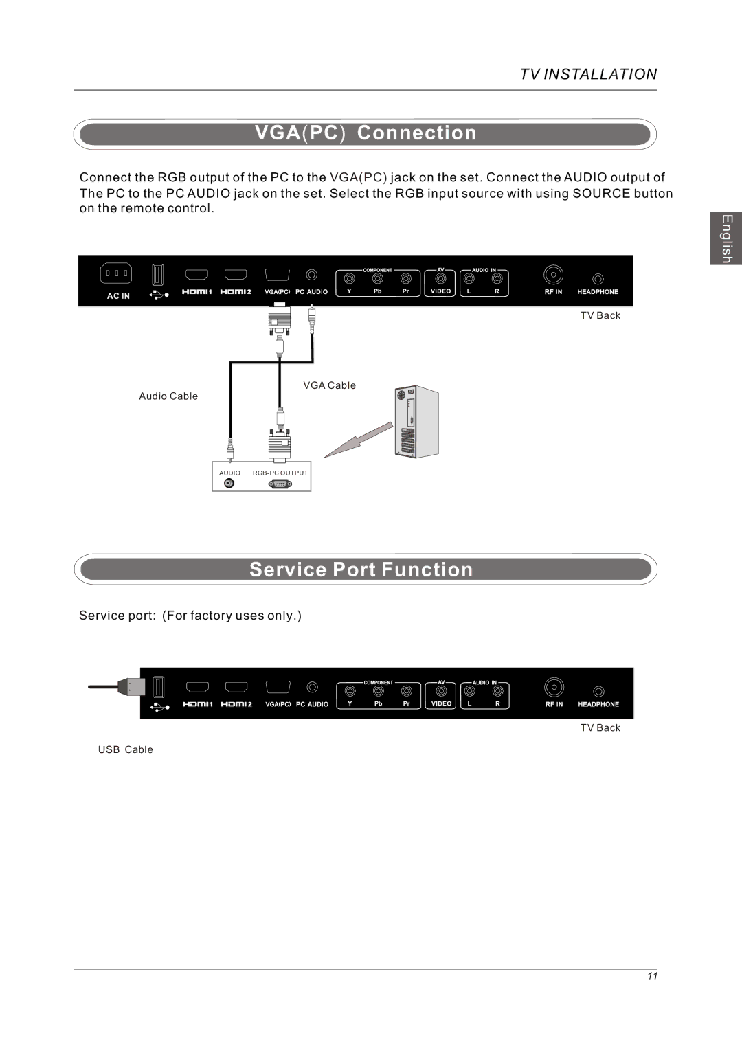 Westinghouse VR-3225 manual Vgapc Connection, Service Port Function 