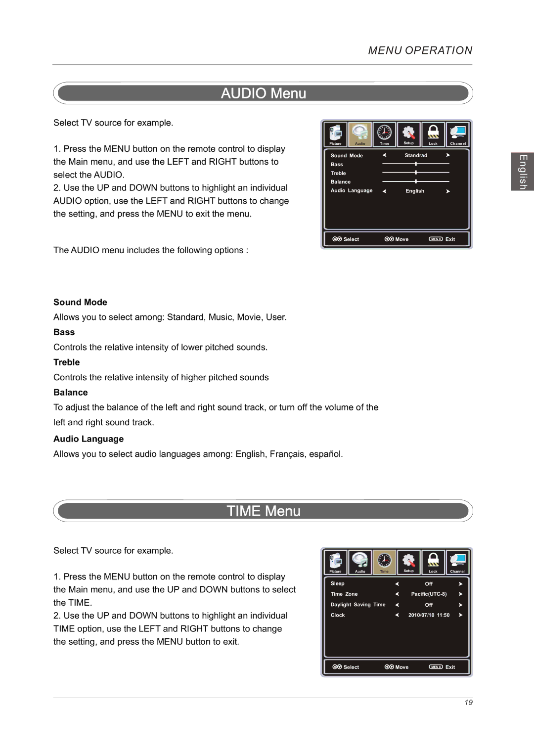 Westinghouse VR-3225 manual Audio Menu, Time Menu 