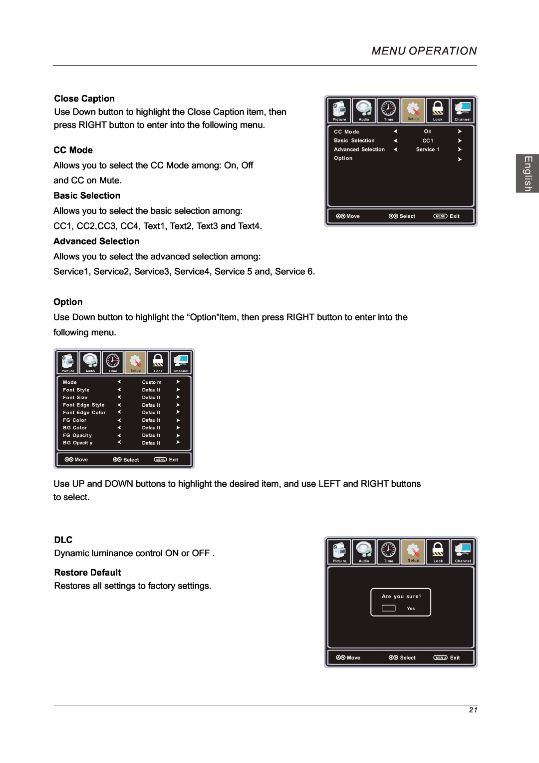 Westinghouse VR-3225 manual Menu Operation, English, Dynamic luminance control ON or OFF, Restore Default 