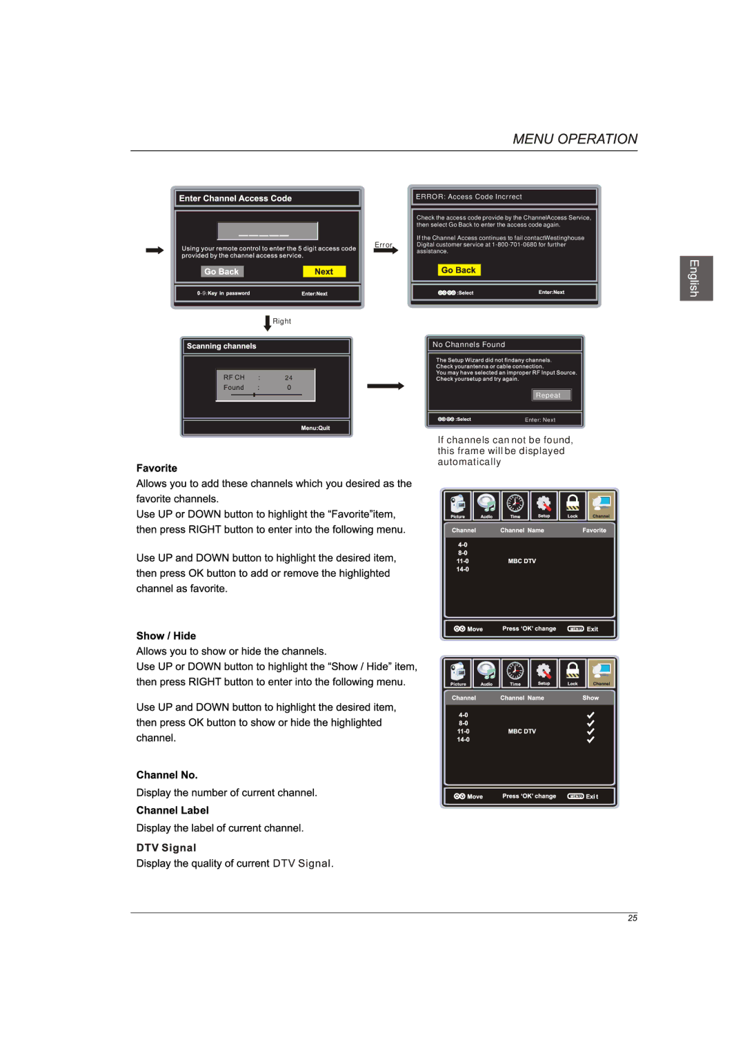 Westinghouse VR-3236 manual No Channels Found Repeat 