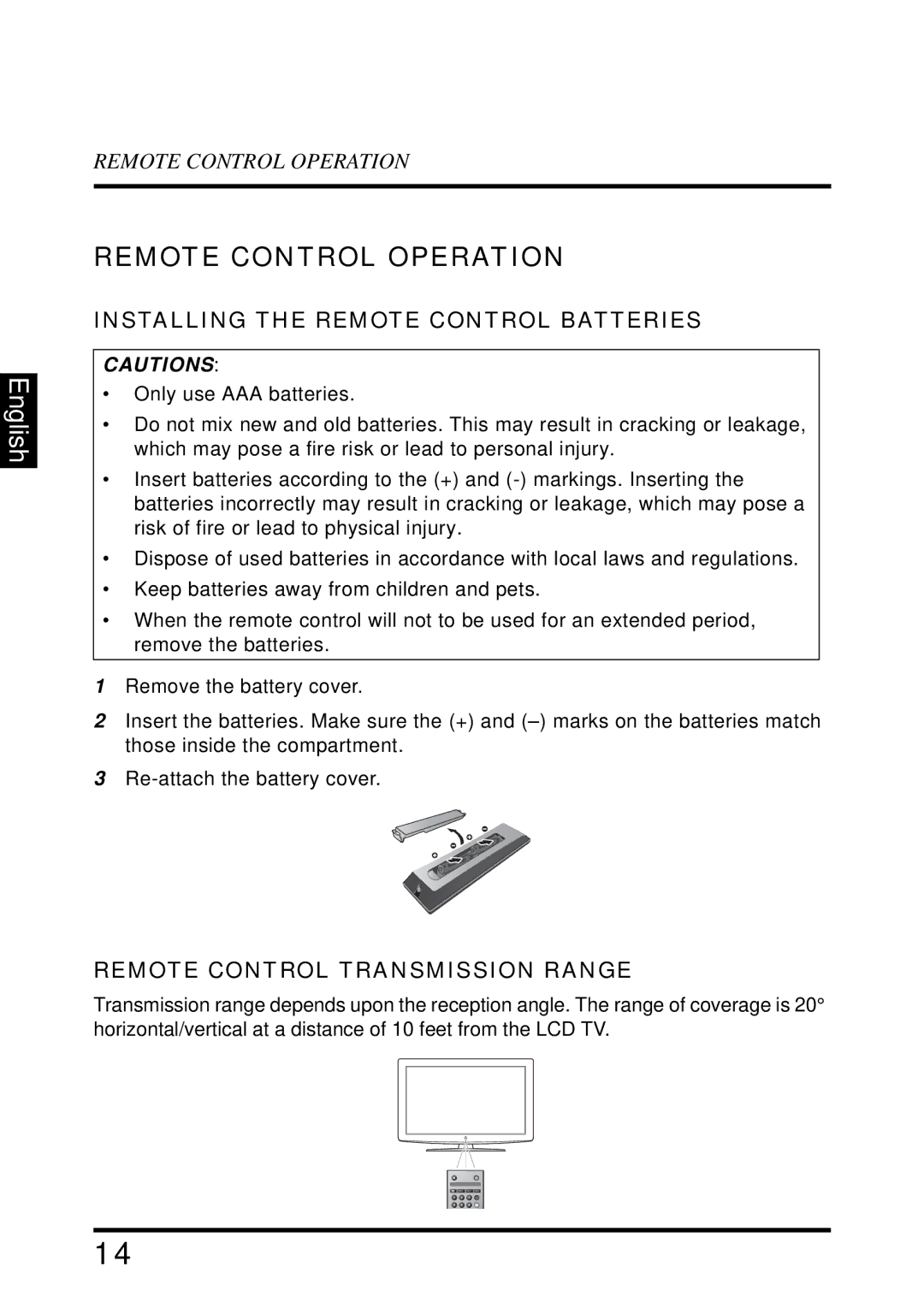 Westinghouse VR-4025 Remote Control Operation, Installing the Remote Control Batteries, Remote Control Transmission Range 