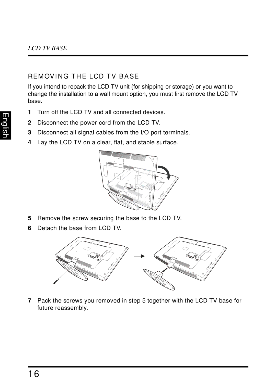 Westinghouse VR-4025 manual Removing the LCD TV Base 